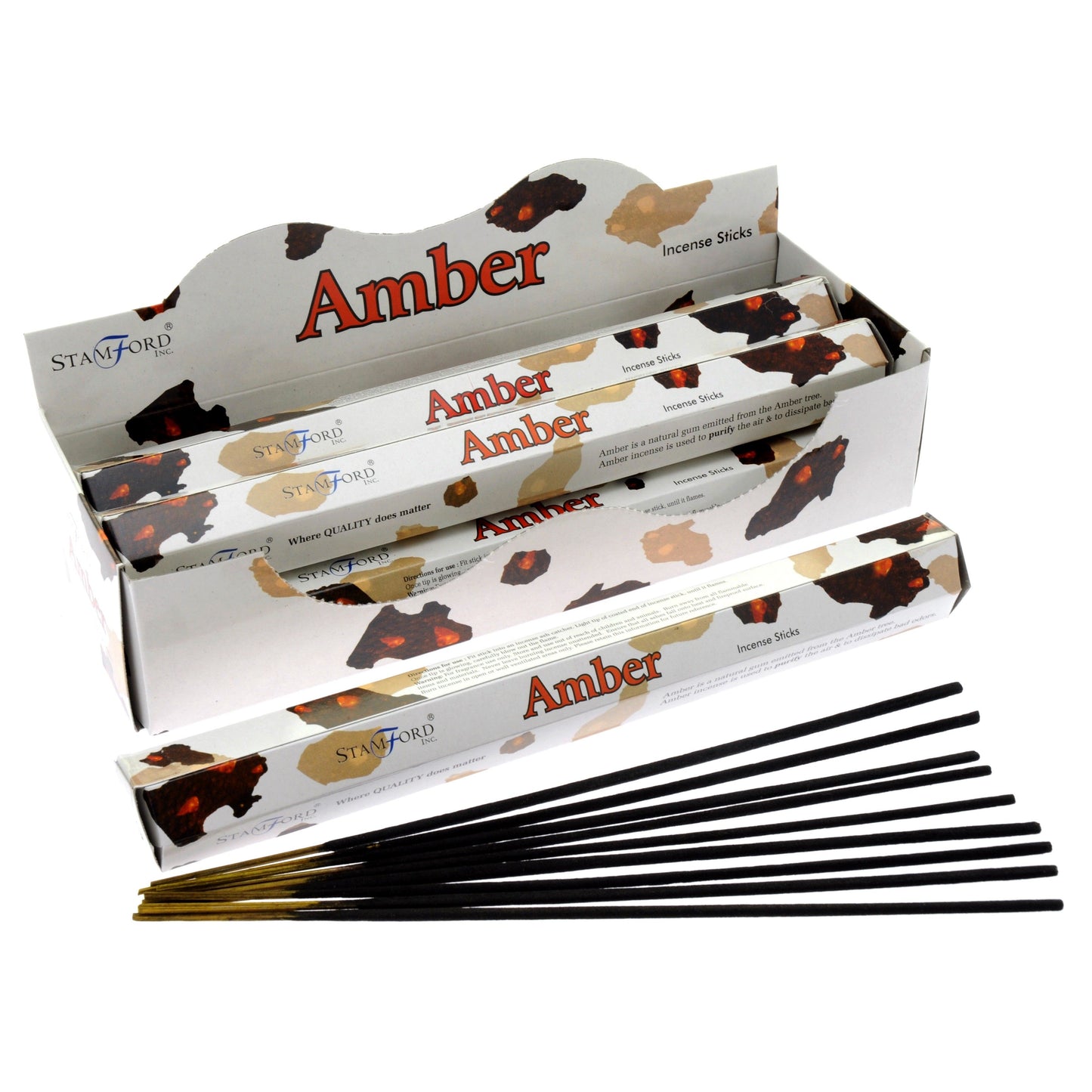Hexagonal box of premium amber incense sticks with a warm golden design and spiritual patterns.