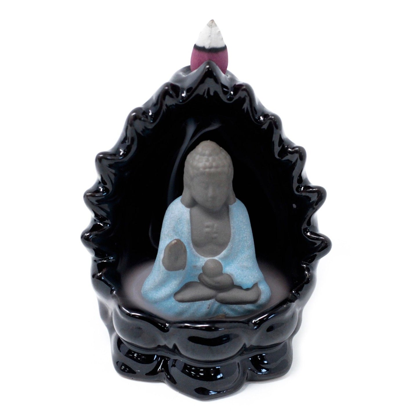 Serene Buddha backflow incense burner with integrated lights and smoke cascading down like a waterfall.
