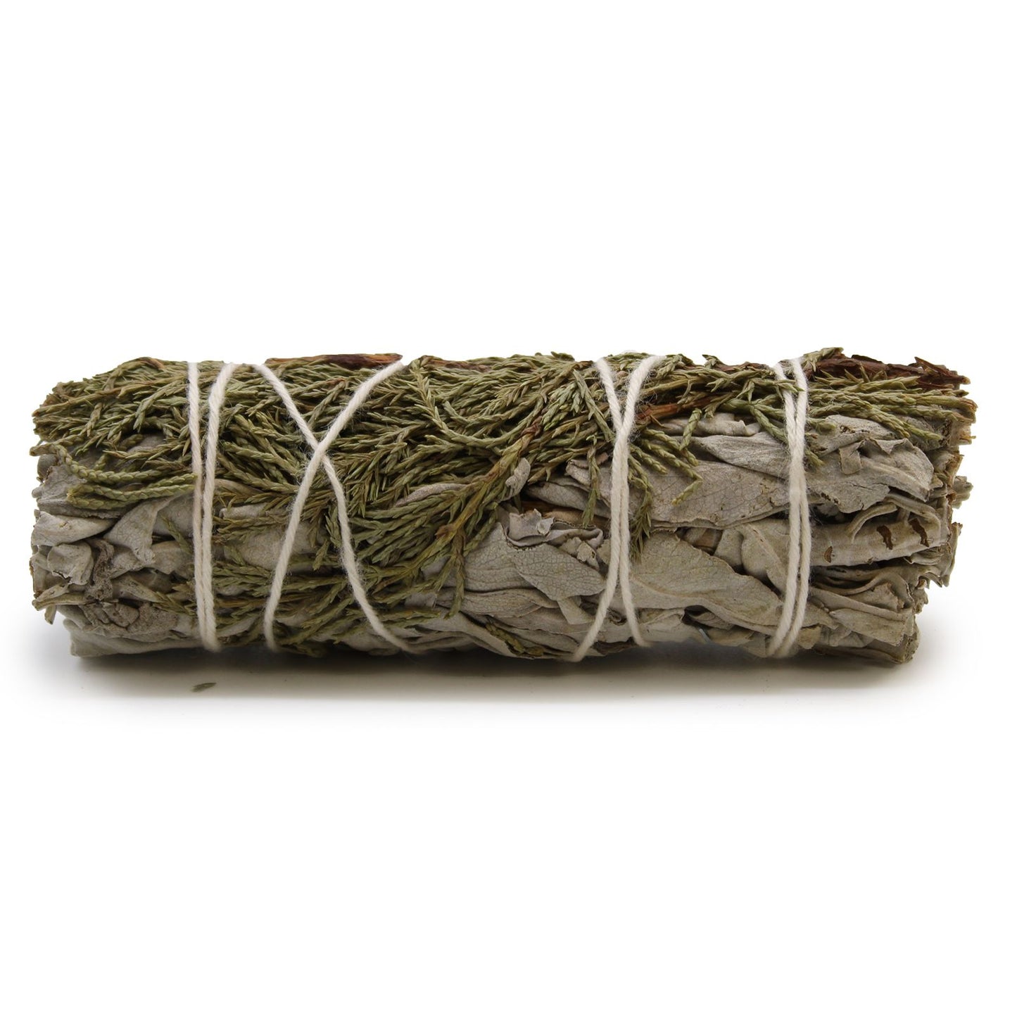 Handcrafted 10cm bundle of dried white sage leaves and juniper sprigs tied with cotton string for smudging.
