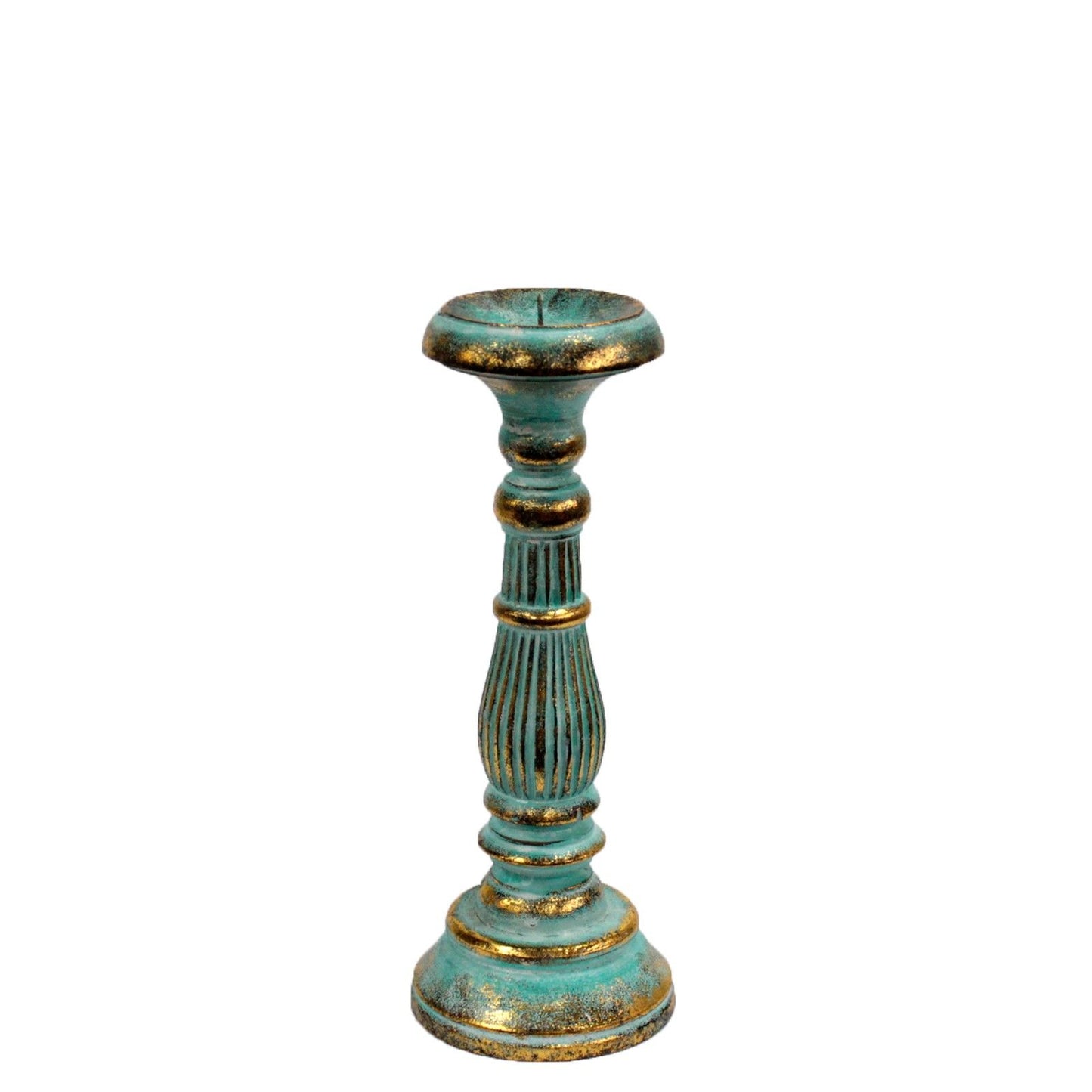Hand-carved turquoise and gold ornate wooden candlestick for church candles.
