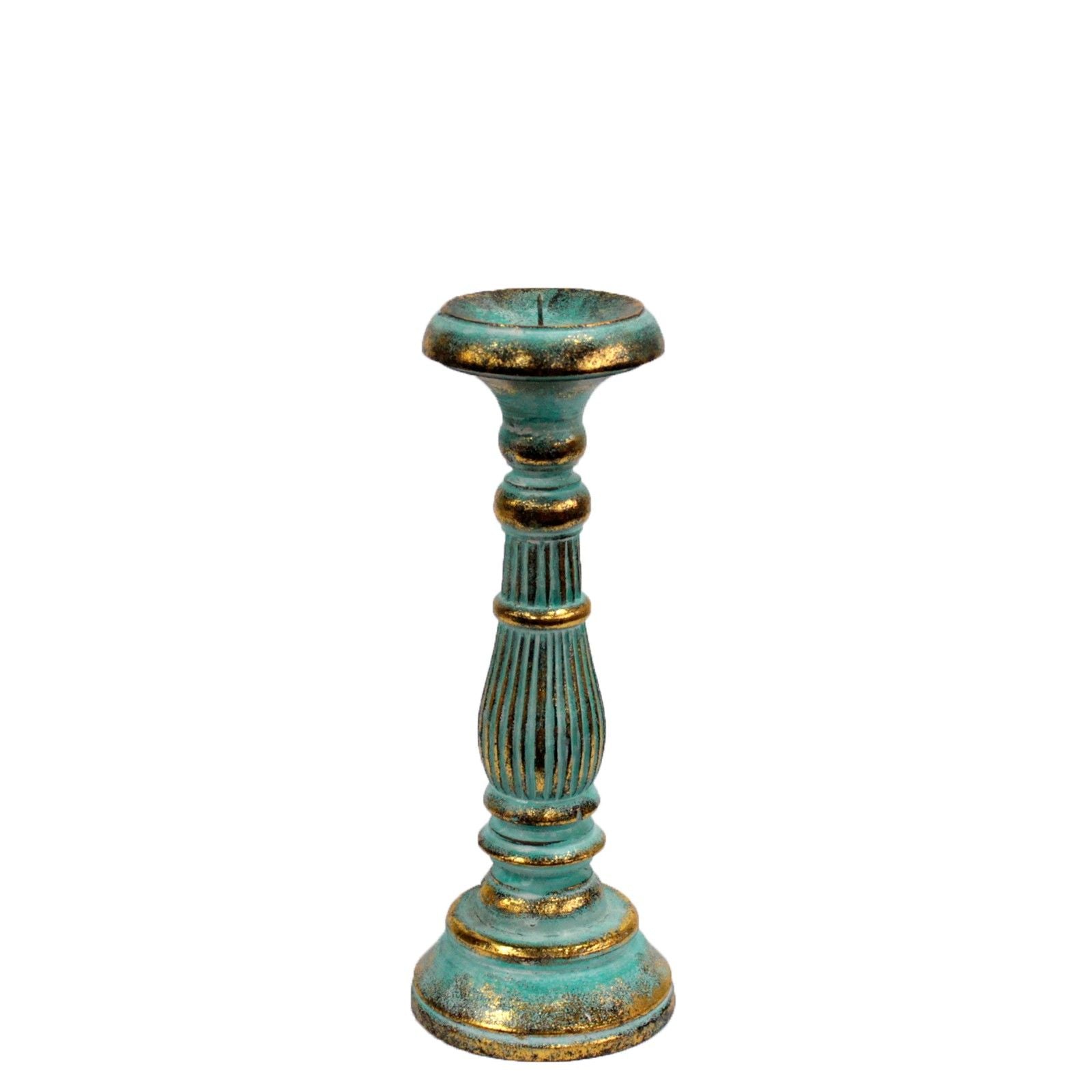 Hand-carved turquoise and gold ornate wooden candlestick for church candles.