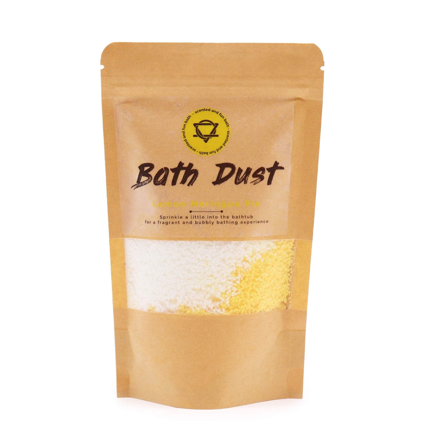 Sparkling yellow and white bath dust in a clear bag, showing a textured, fizzy powder for aromatherapy baths.