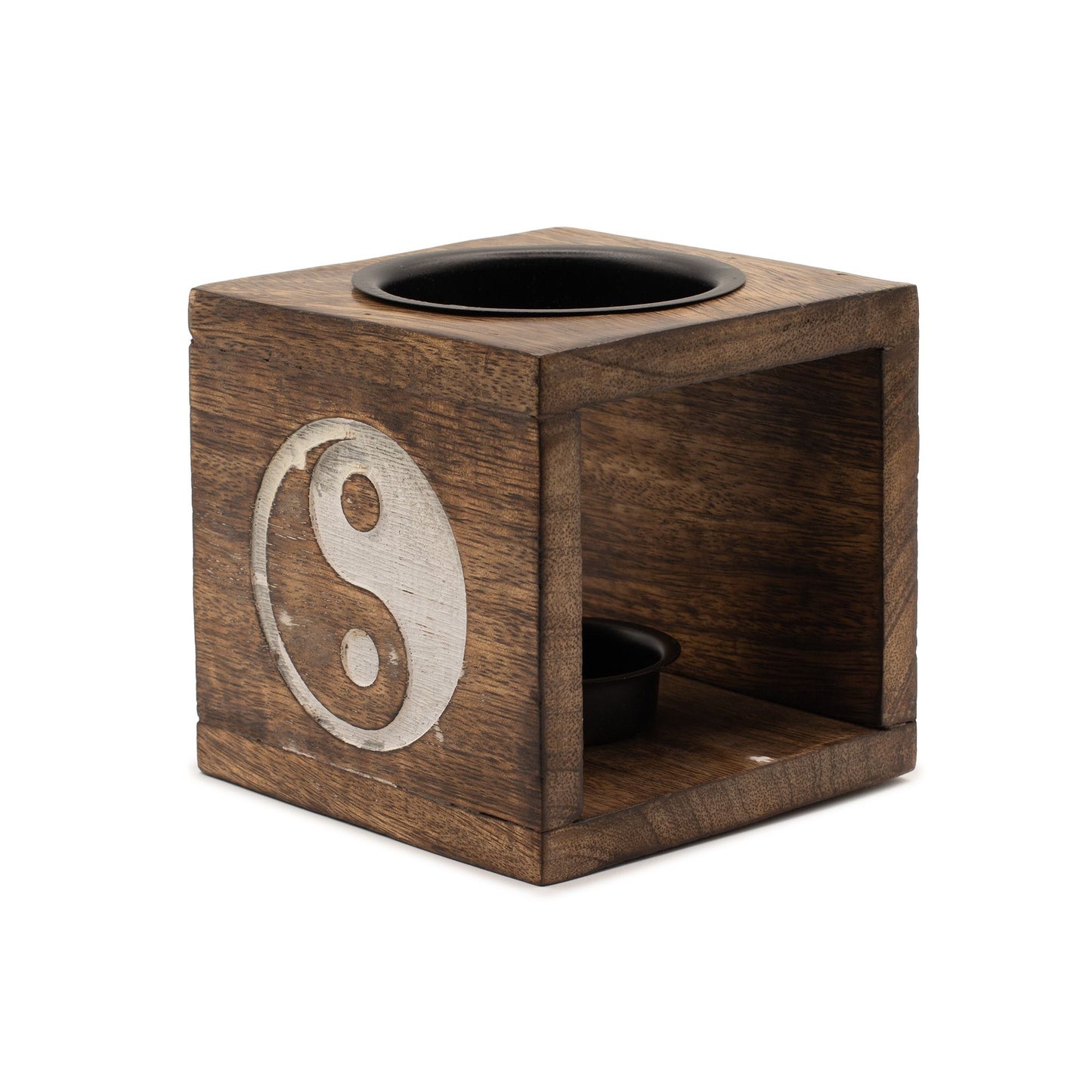 Square dark mango wood oil burner with a hand-carved Yin Yang symbol on the front and a ceramic dish on top.