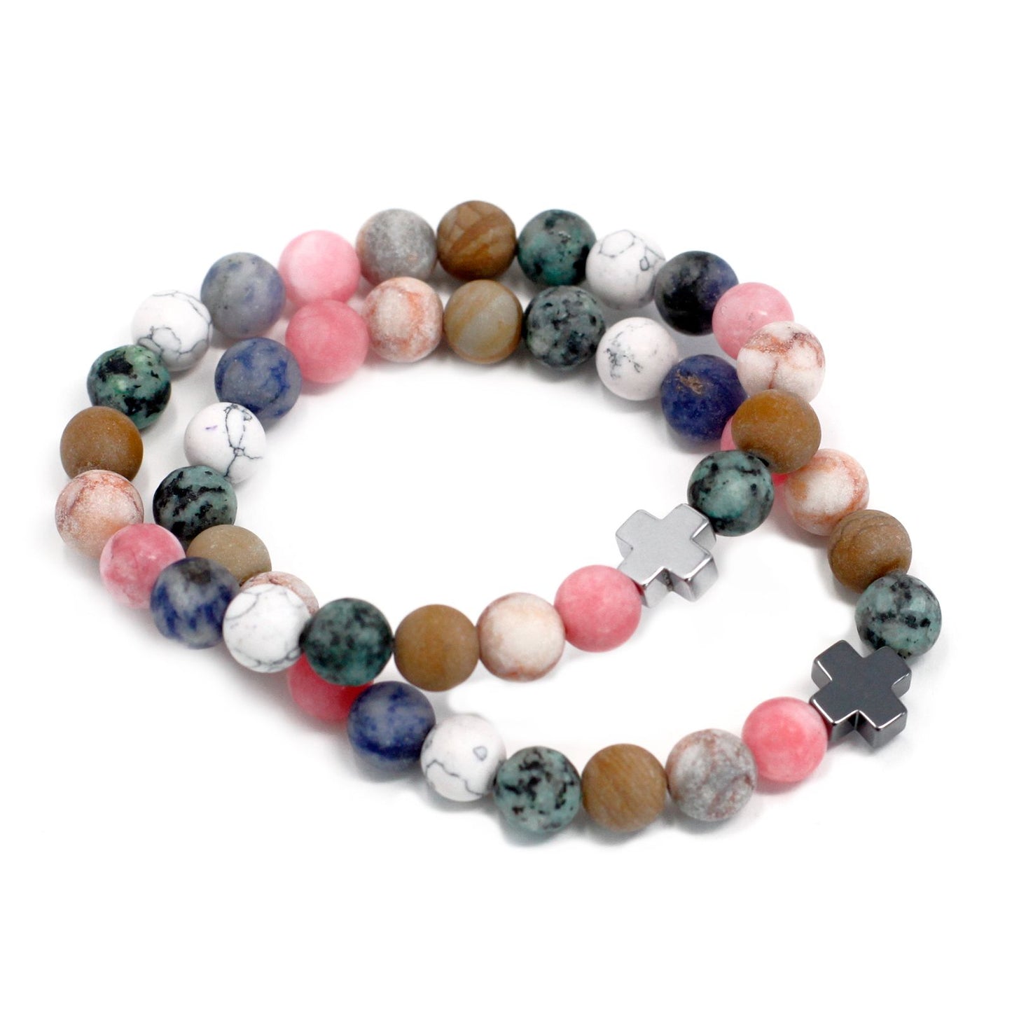 Two vibrant rainbow gemstone beaded bracelets with a comfortable stretch design shown together.