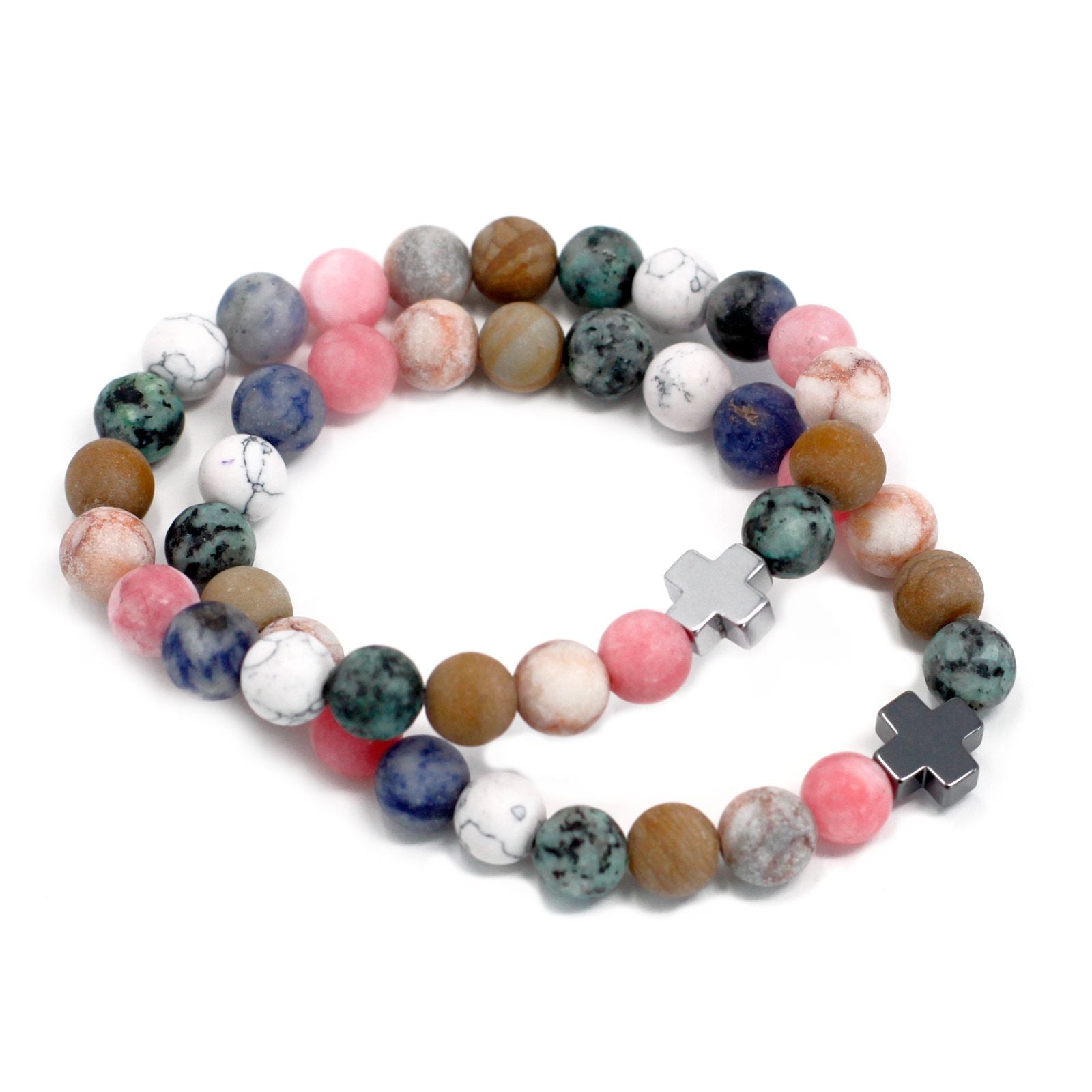 Two vibrant rainbow gemstone beaded bracelets with a comfortable stretch design shown together.