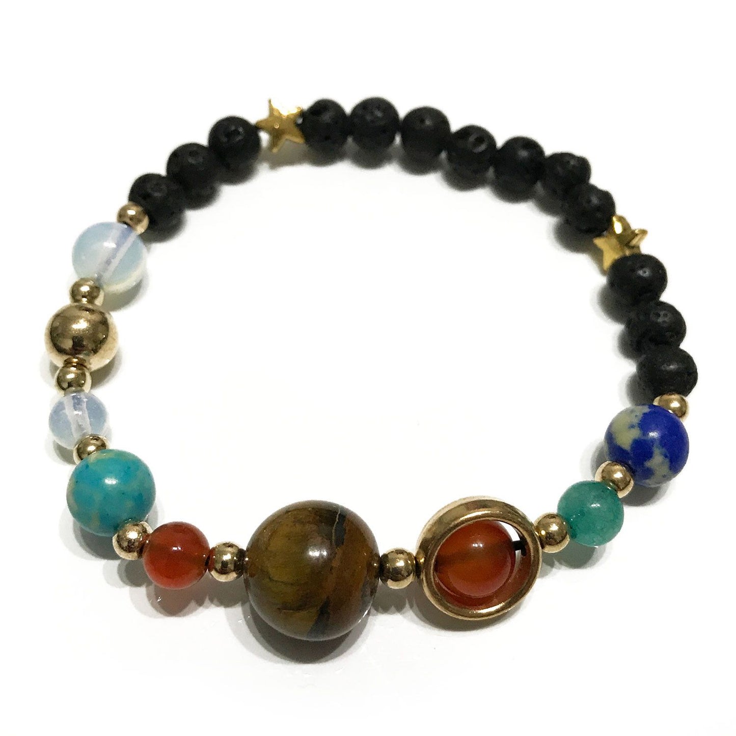 Lava stone bracelet featuring various colourful gemstones representing planets and gold-toned accents.
