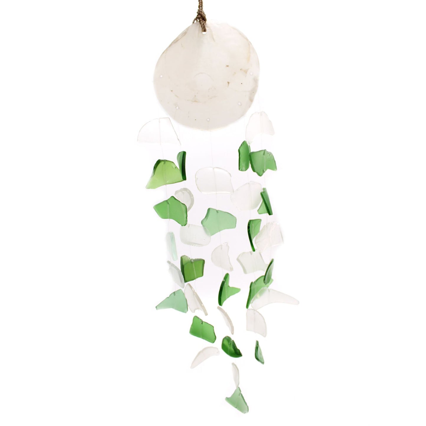 Beautiful wind chime featuring green and white recycled glass drops and decorative capiz shells.