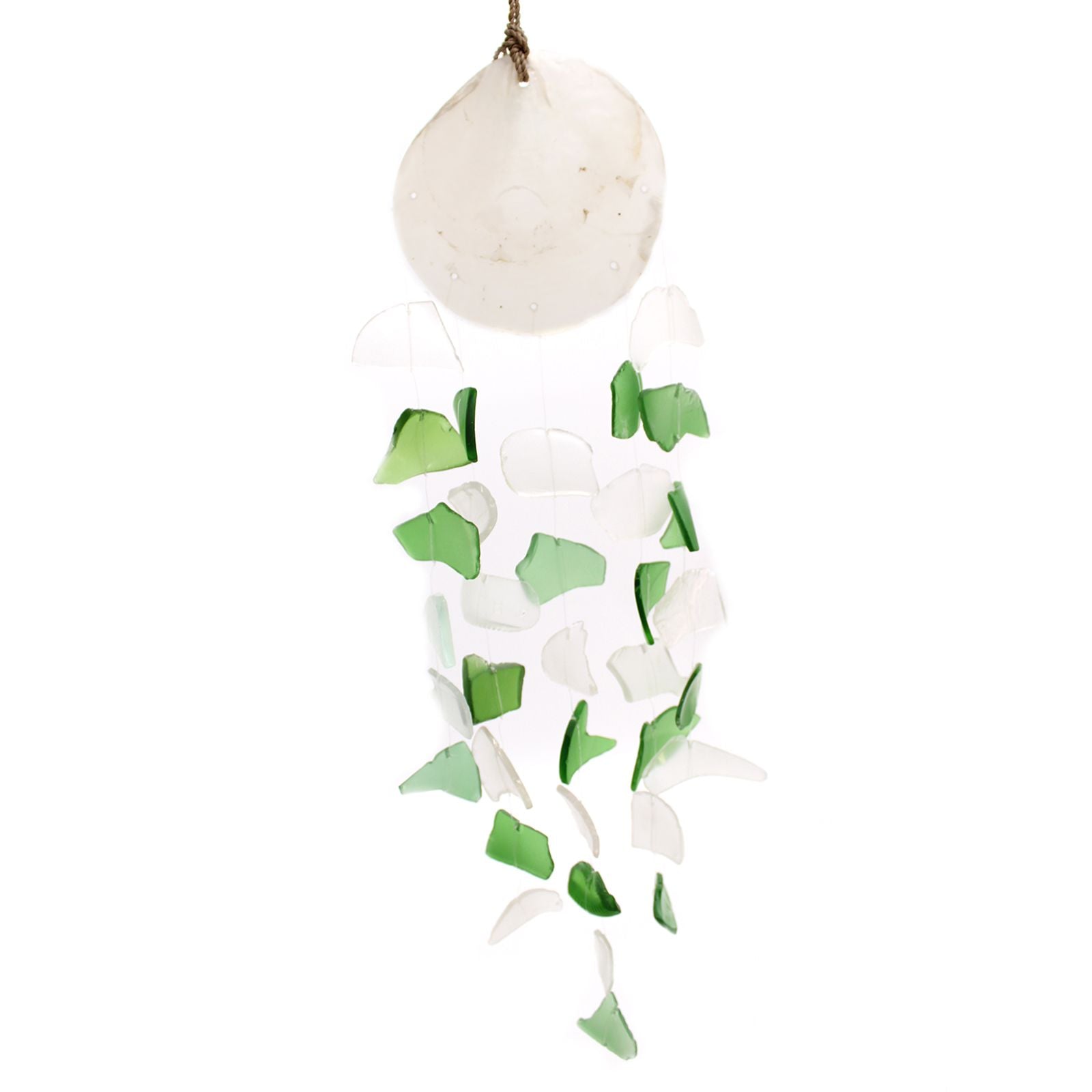 Beautiful wind chime featuring green and white recycled glass drops and decorative capiz shells.