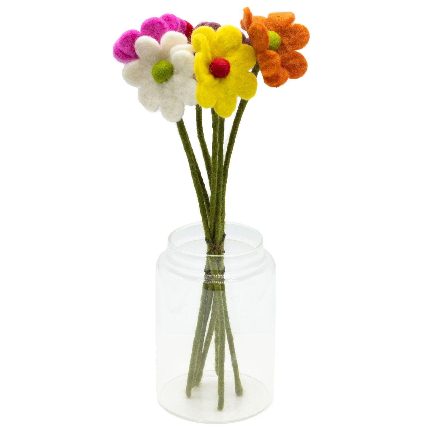 Set of six handcrafted felt daisy flowers in an assortment of bright and vibrant colours.