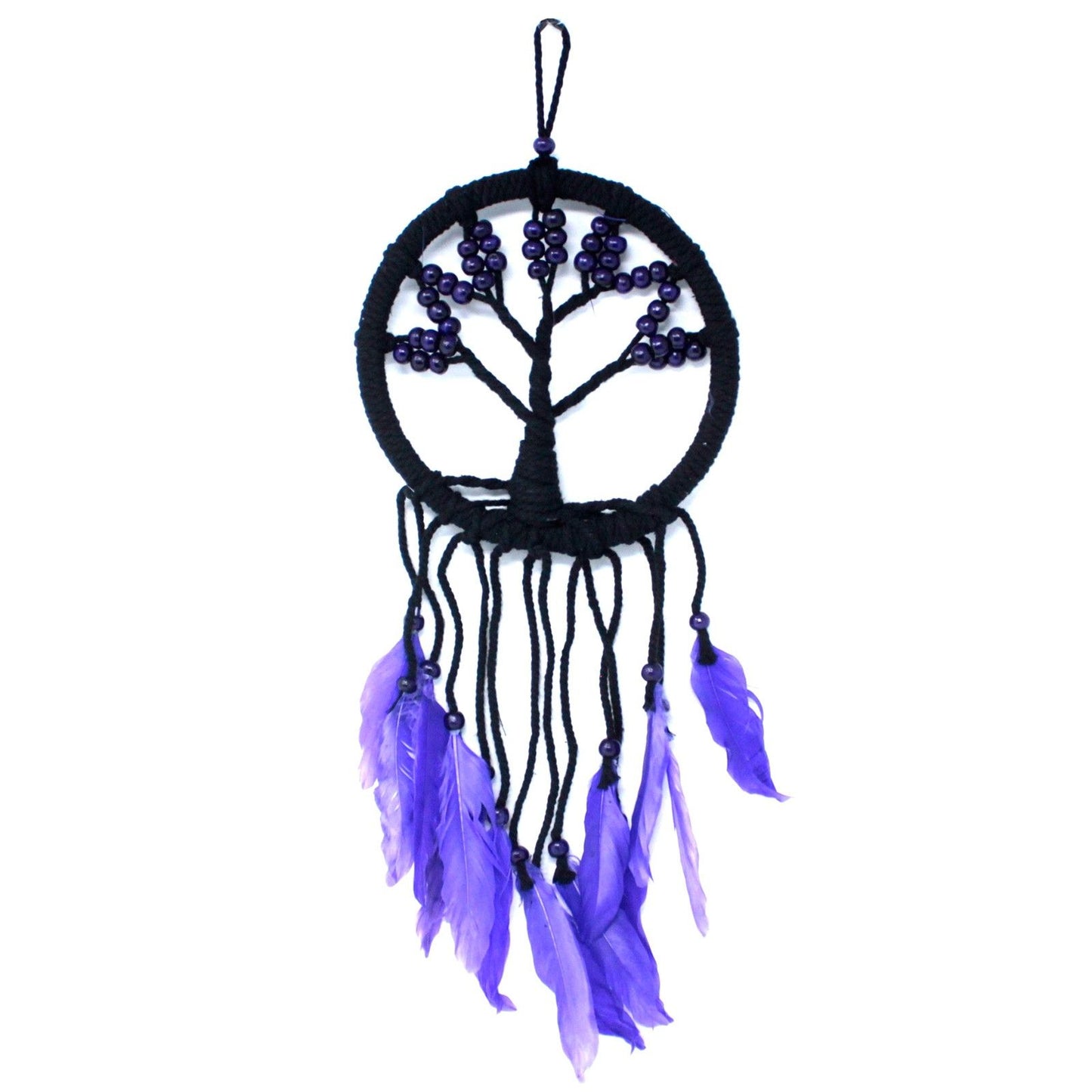 Intricate white macrame dreamcatcher with a woven Tree of Life design inside a 16cm hoop.