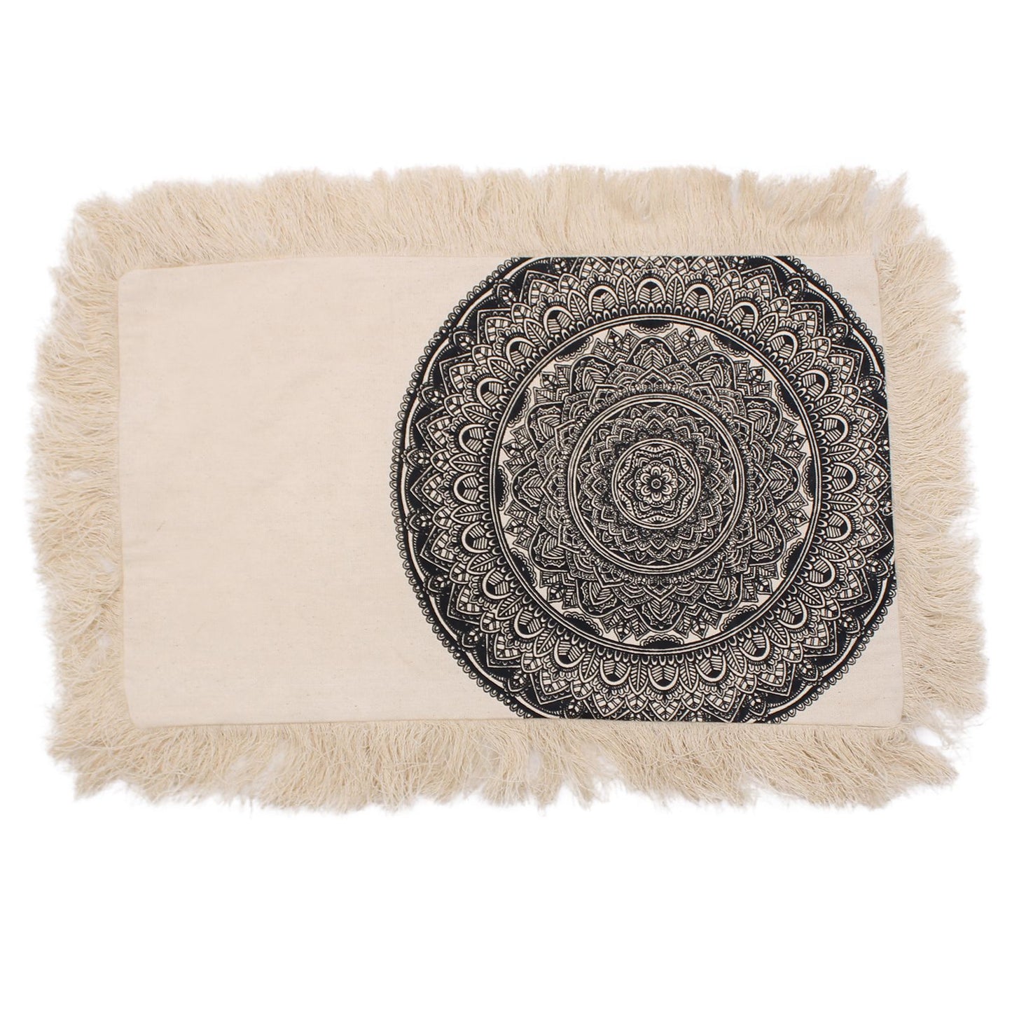 Rectangular black cushion featuring an intricate white traditional mandala design on a dark fabric background.