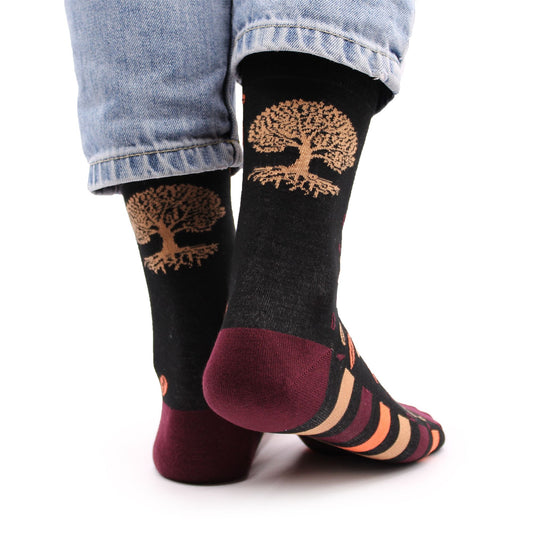 Soft bamboo socks featuring a detailed Tree of Life pattern in a comfortable small to medium fit.