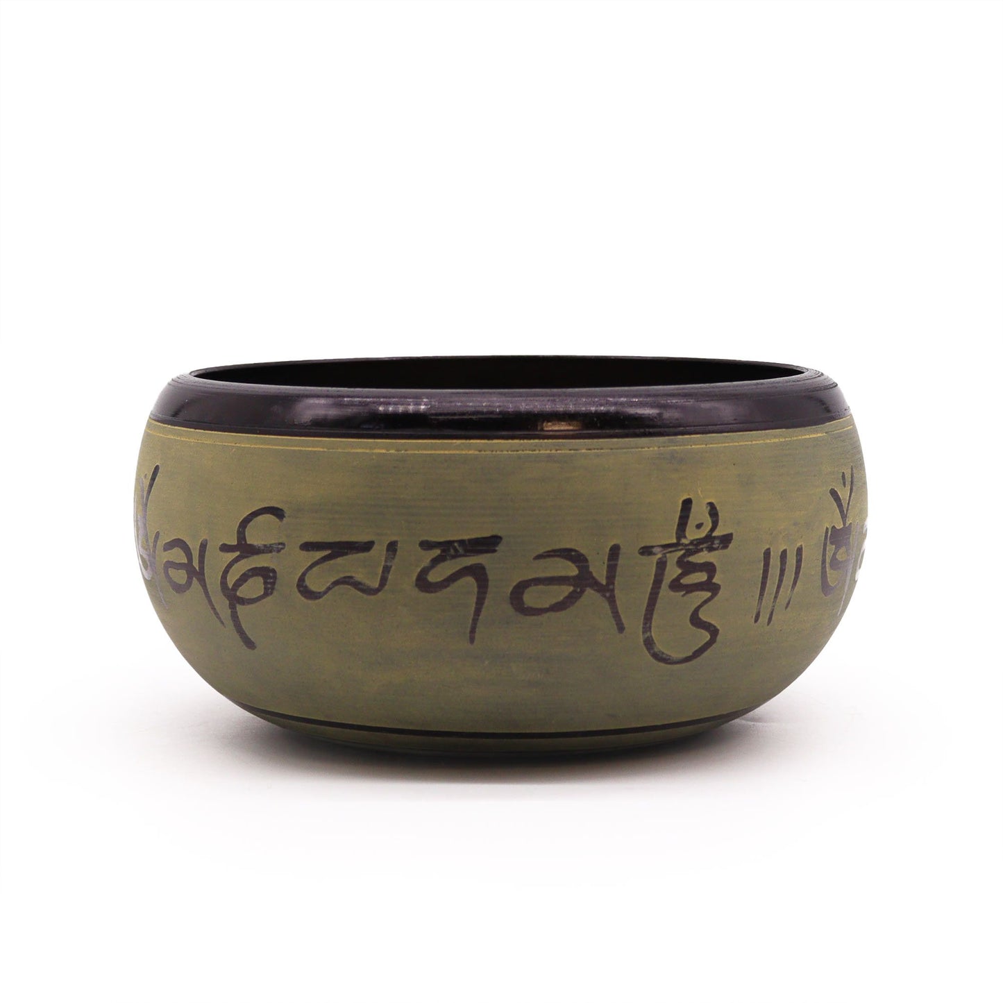 Handcrafted 16cm earth powder singing bowl featuring an intricate Mantra Five Buddha design on a textured surface.