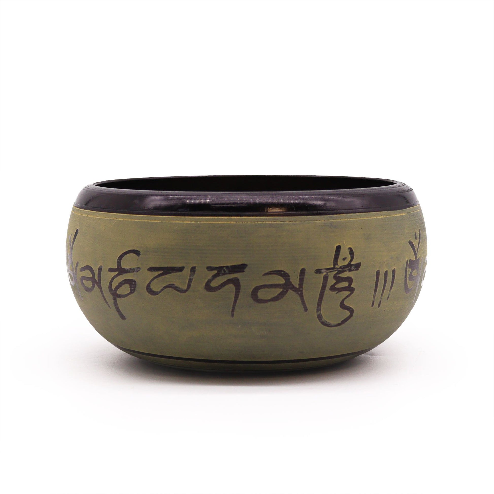 Handcrafted 16cm earth powder singing bowl featuring an intricate Mantra Five Buddha design on a textured surface.