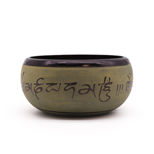 Handcrafted 16cm earth powder singing bowl featuring an intricate Mantra Five Buddha design on a textured surface.