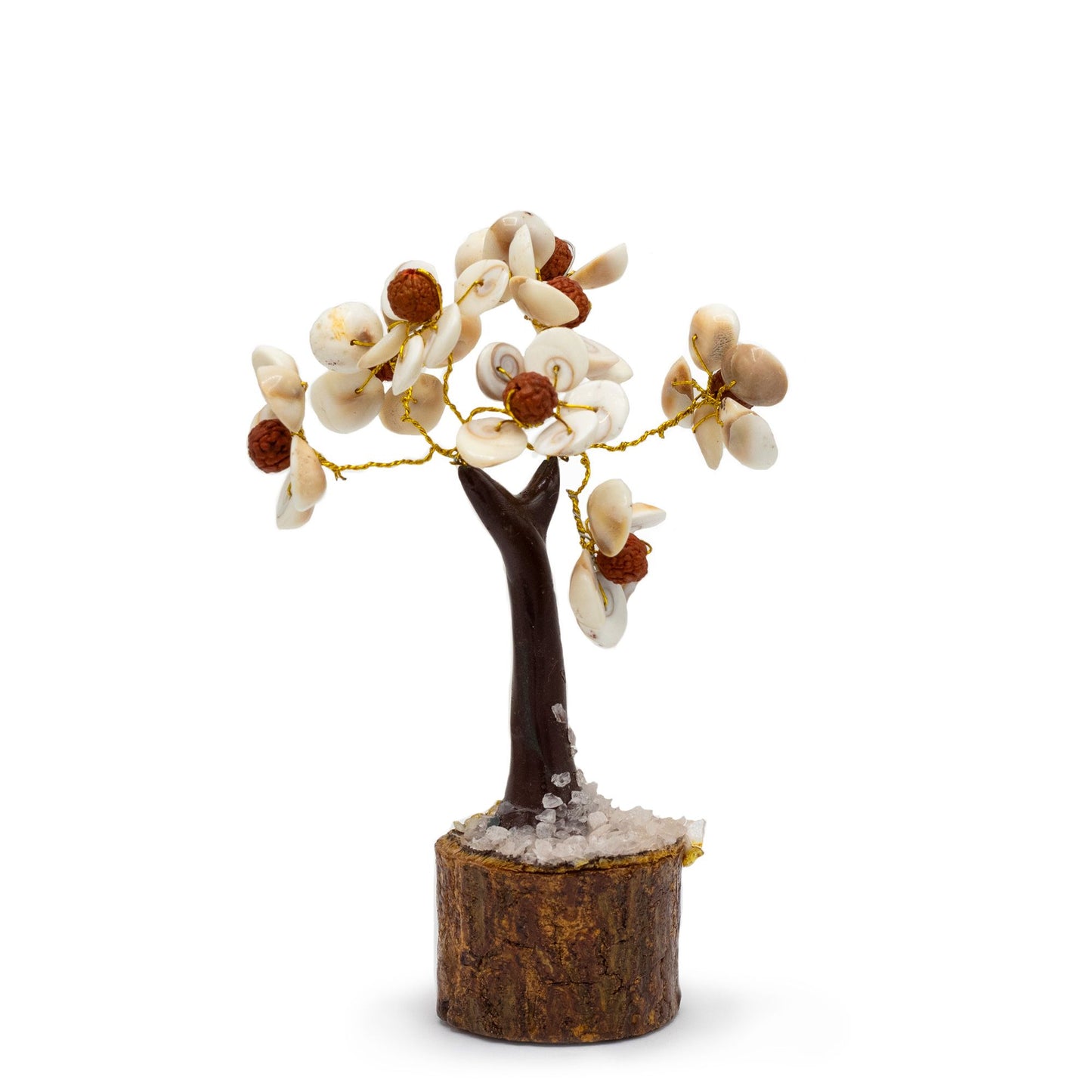 Handcrafted spiritual stone tree featuring white Gomati Chakra shells and brown Rudraksha seeds on a circular base.