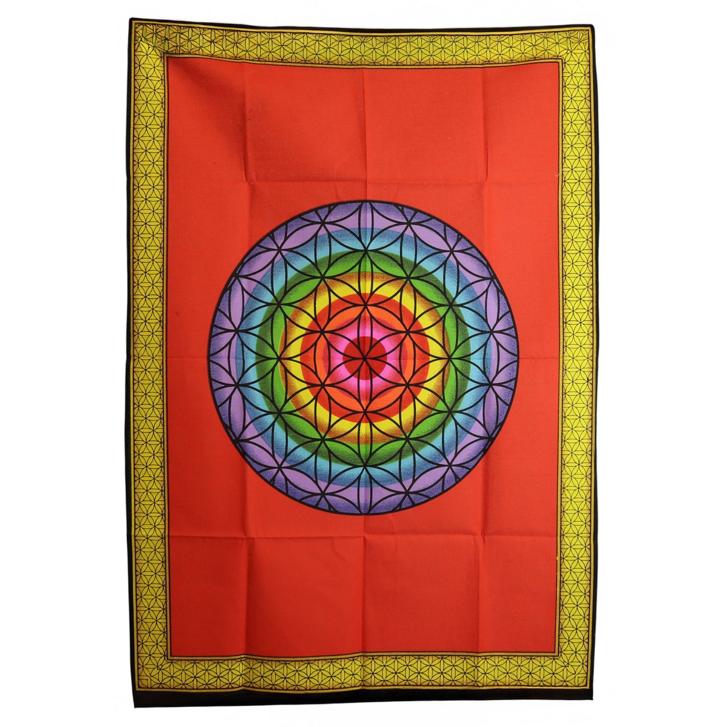 Vibrant rainbow-coloured Flower of Life sacred geometry symbol printed on a bold red cotton wall hanging.