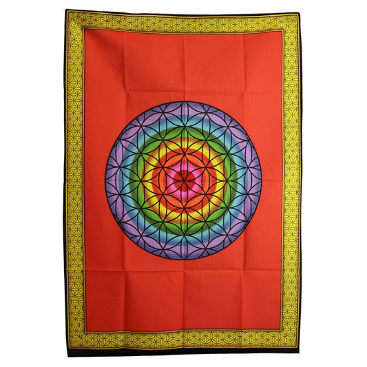 Vibrant rainbow-coloured Flower of Life sacred geometry symbol printed on a bold red cotton wall hanging.