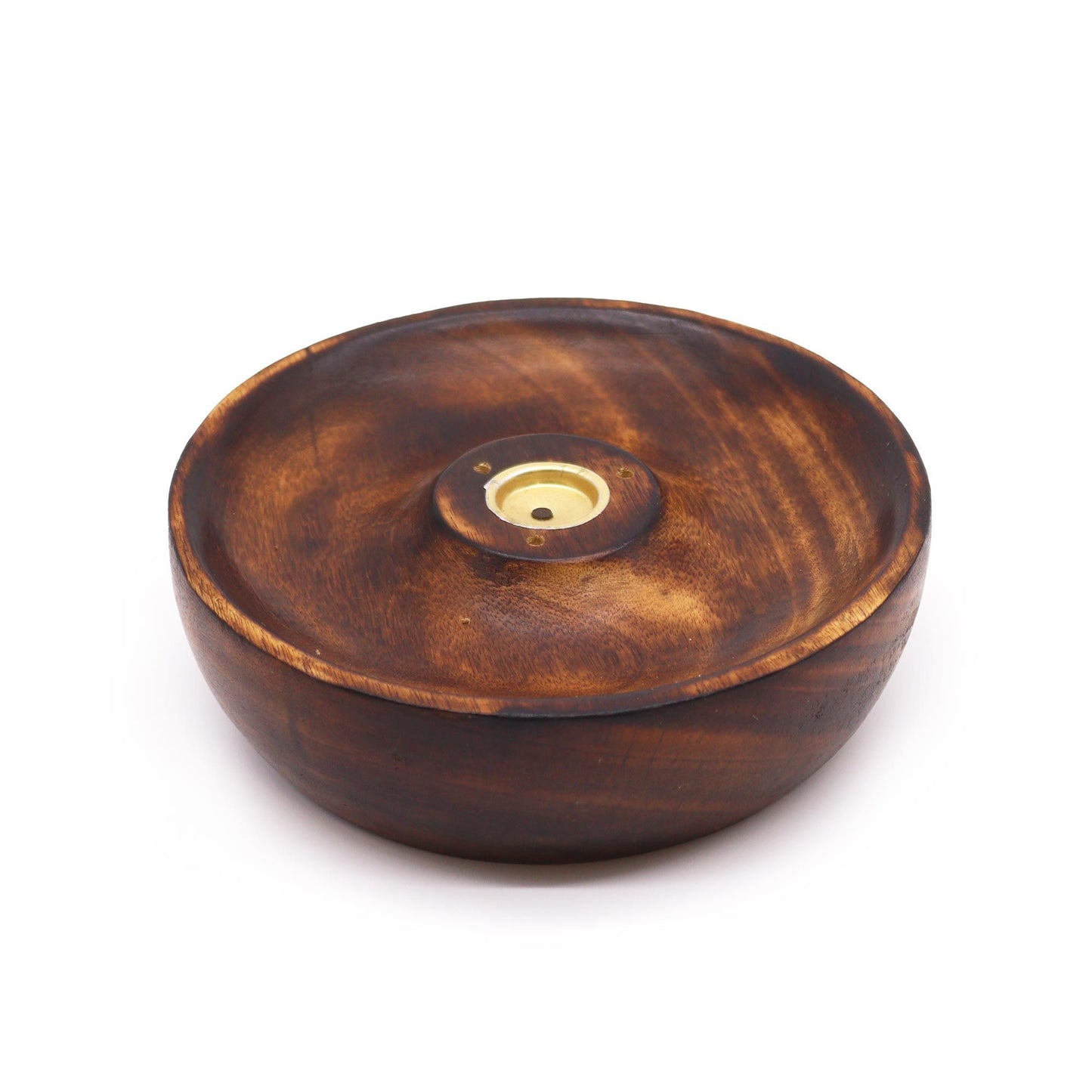 Minimalist circular wooden incense burner disc with a central hole for sticks and a flat surface for cones.