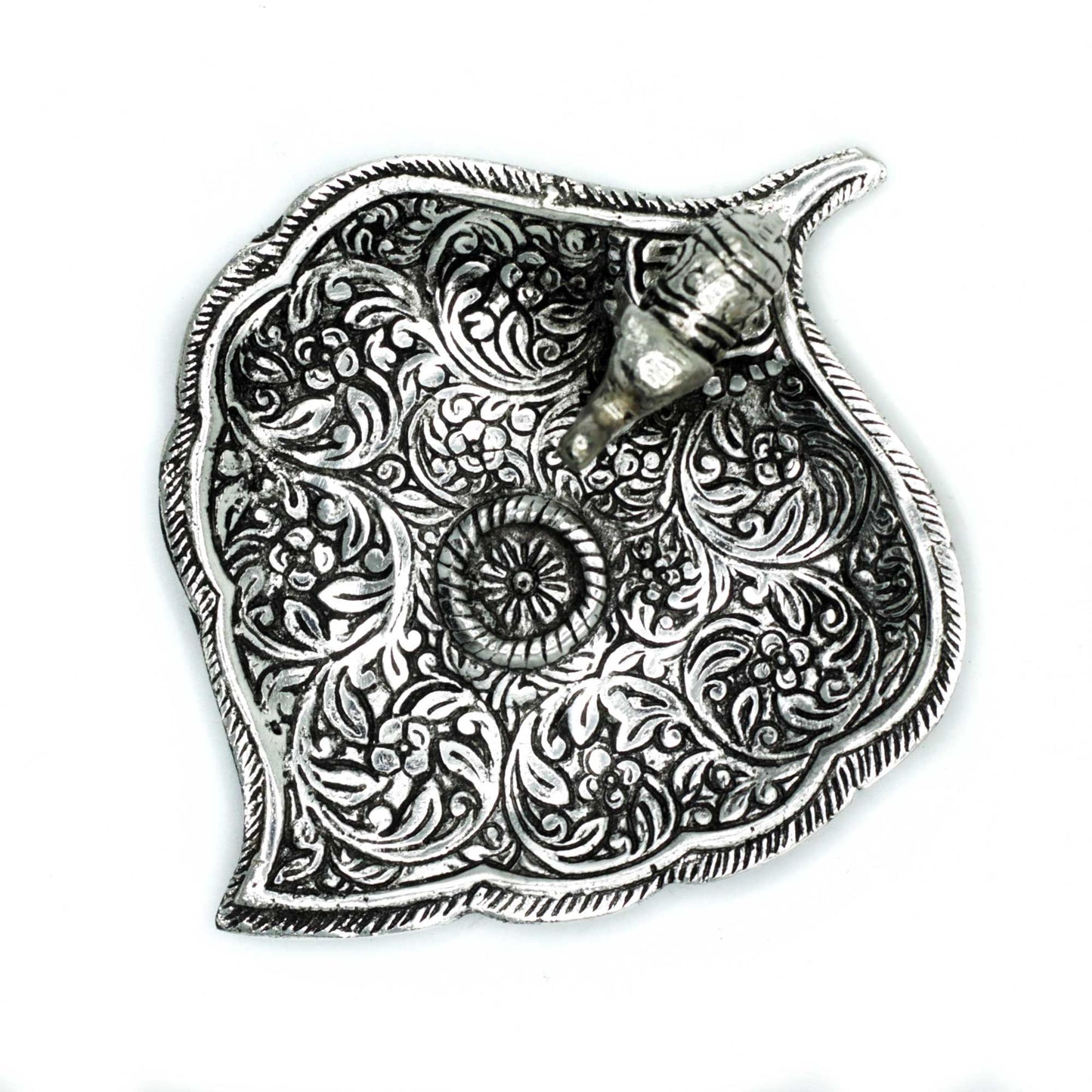 Small polished aluminium incense holder featuring a detailed elephant standing on a decorative leaf-shaped base.
