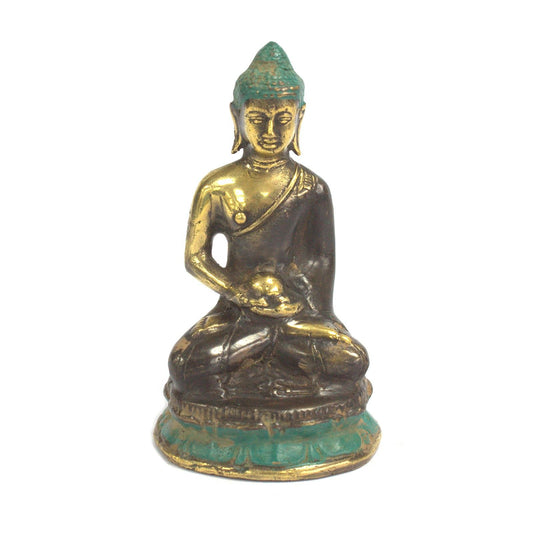 Intricately detailed brass statue of a serene Buddha in a meditative sitting pose with a polished gold finish.