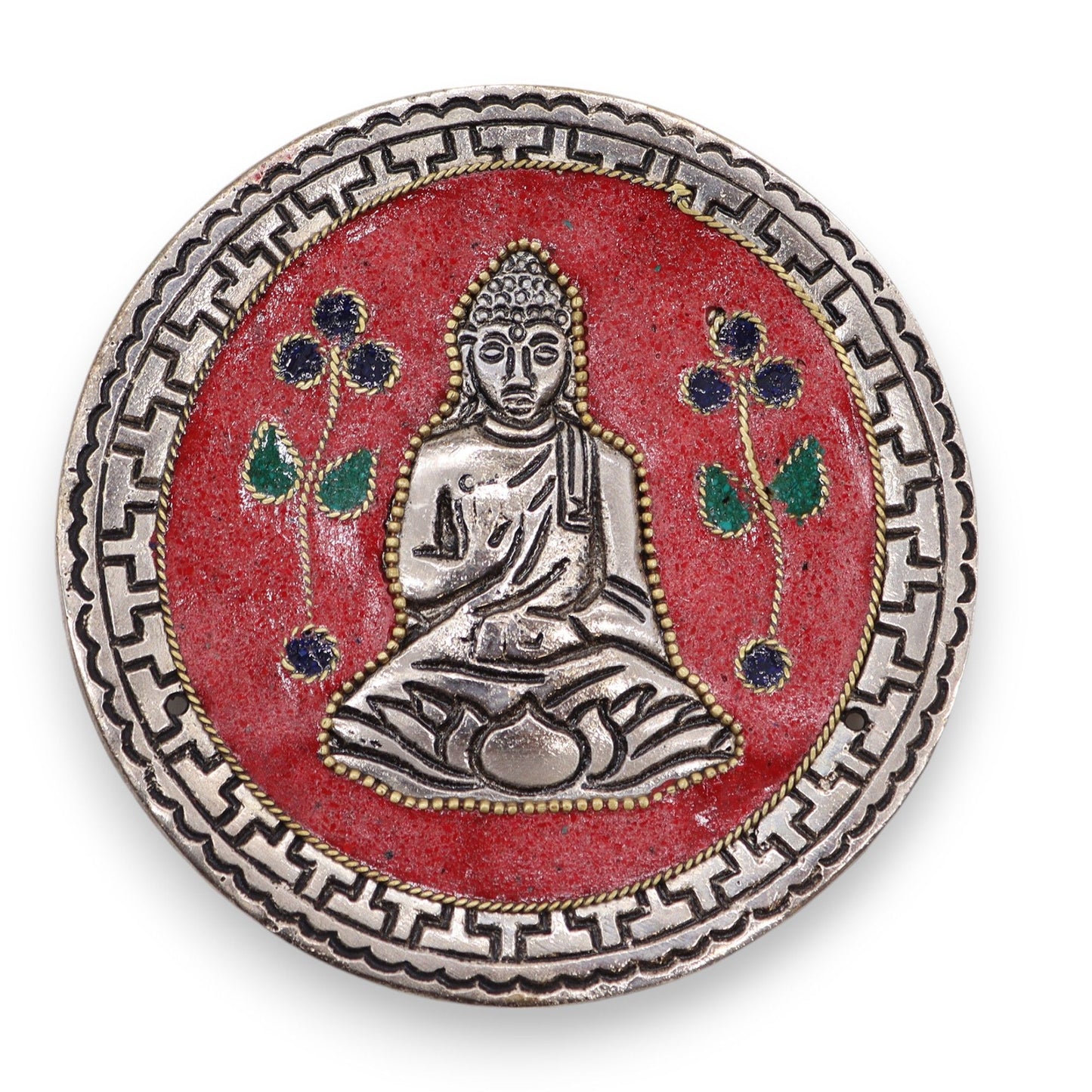 Detailed red handcrafted aluminium incense holder featuring a seated Buddha design for standard incense sticks.
