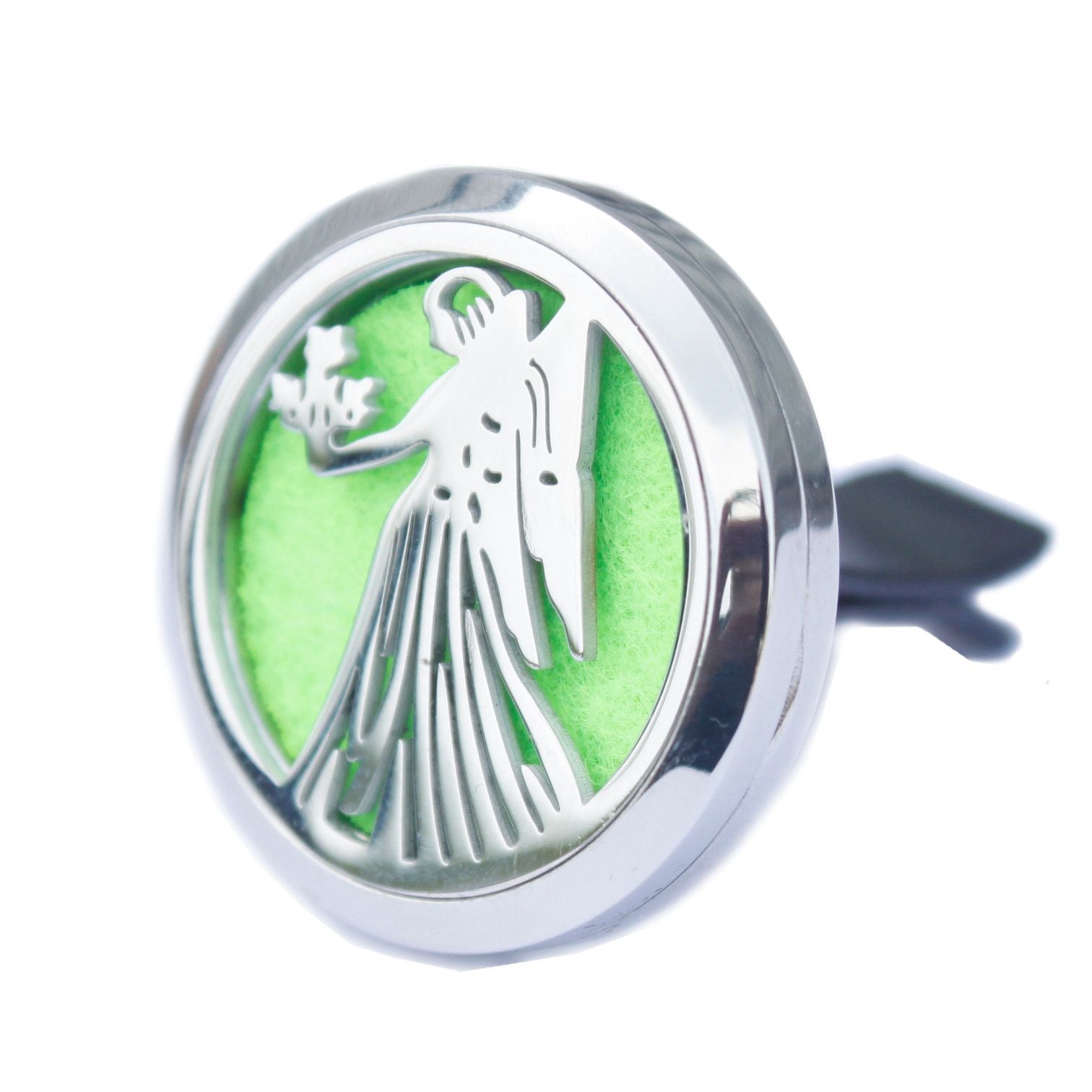 Circular silver-toned car vent locket featuring a laser-cut guardian angel design and a replaceable aromatherapy felt pad.