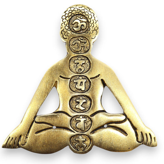 Square gold aluminium incense holder featuring colourful engraved symbols of the seven chakras on a metallic finish.