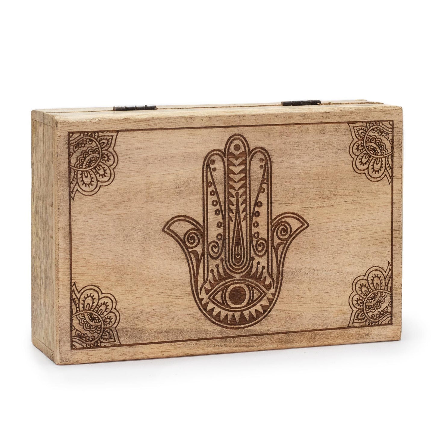 Large rectangular black wooden box featuring an intricate engraved Hamsa hand design on the lid.