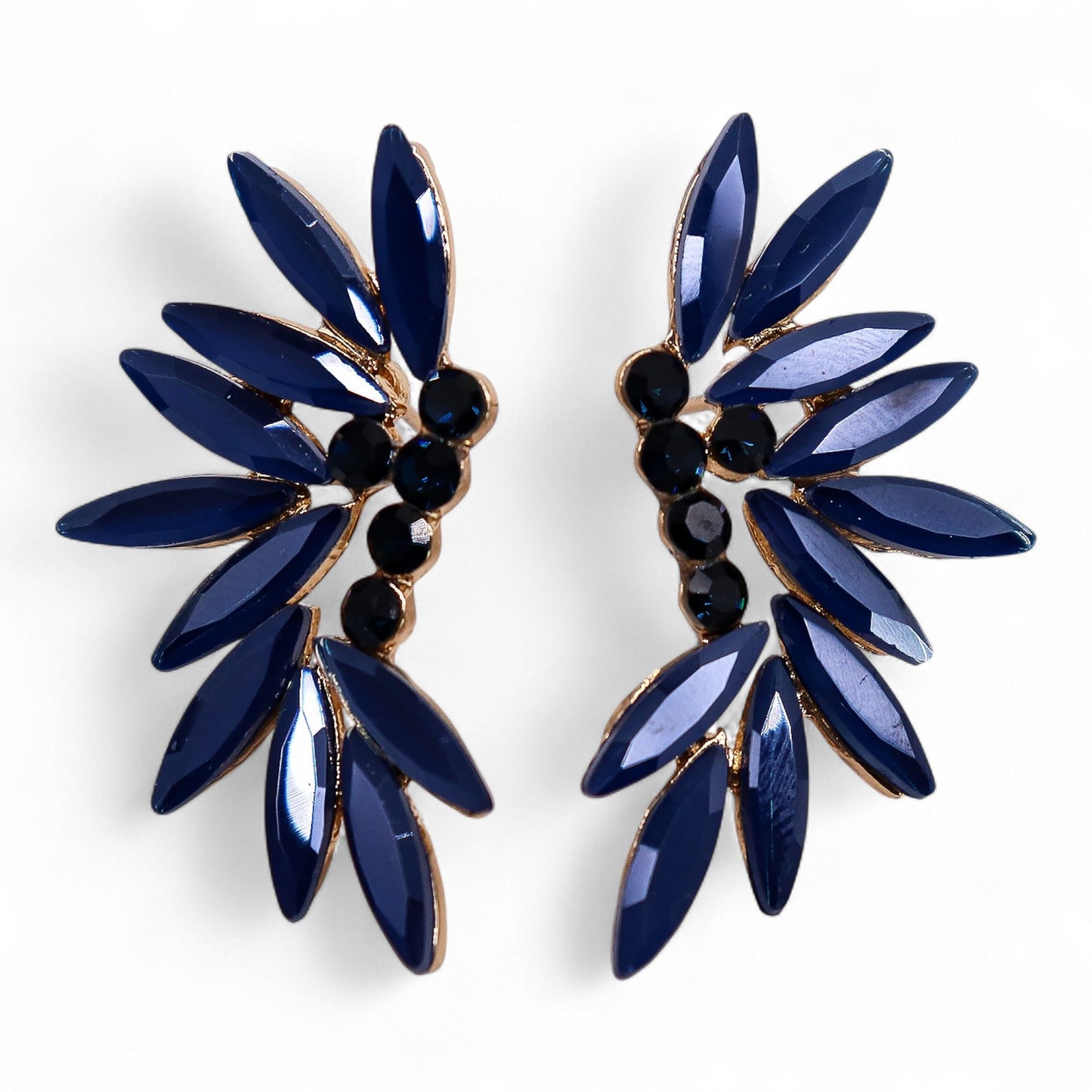 Elegant vintage style drop earrings featuring royal blue glass beads and delicate fairy wing charms in stainless steel.