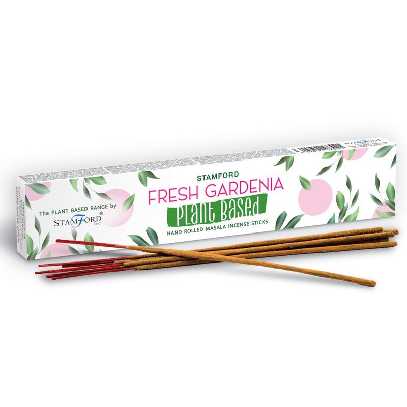 Hand-rolled plant-based masala incense sticks with a floral gardenia scent in a decorative box.