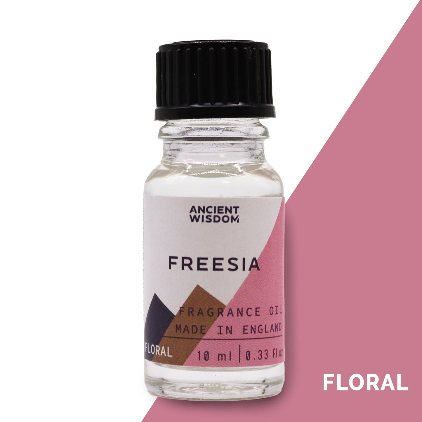 Small amber glass bottle of floral freesia fragrance oil with a black dropper cap.