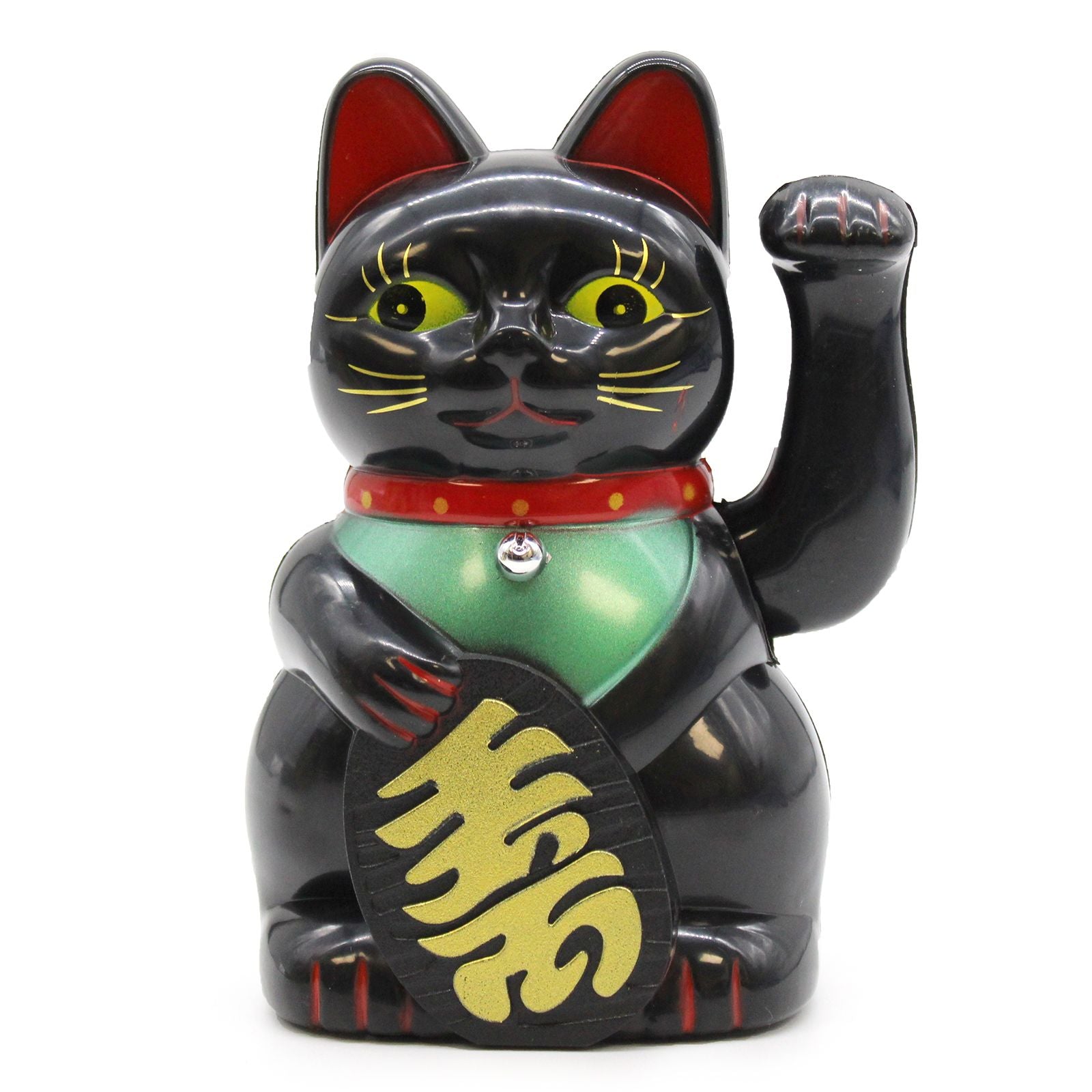 Traditional black Maneki-neko lucky cat figurine with a waving left arm and golden decorative details.