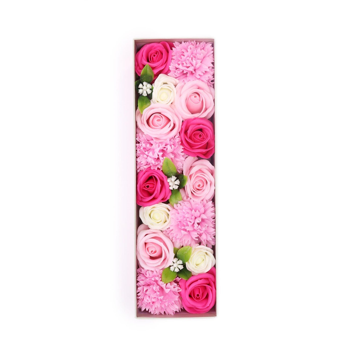 Elegant long gift box filled with delicate pink soap flower roses and carnations.
