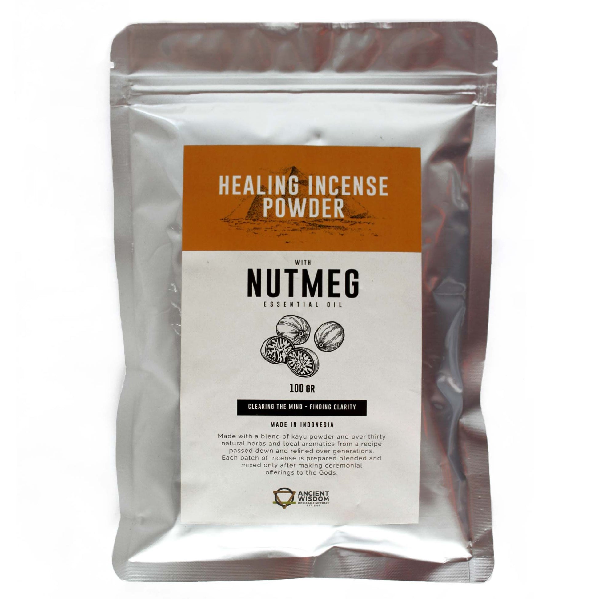 Fine textured nutmeg incense powder in a 100g pile, ready for use in a heat-resistant burner or incense mould.