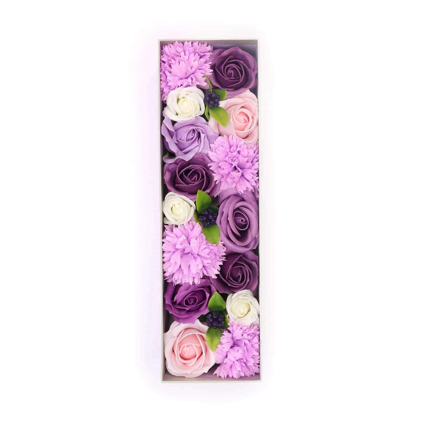 Elegant long gift box filled with realistic soap flowers in shades of lavender, pink, and white.