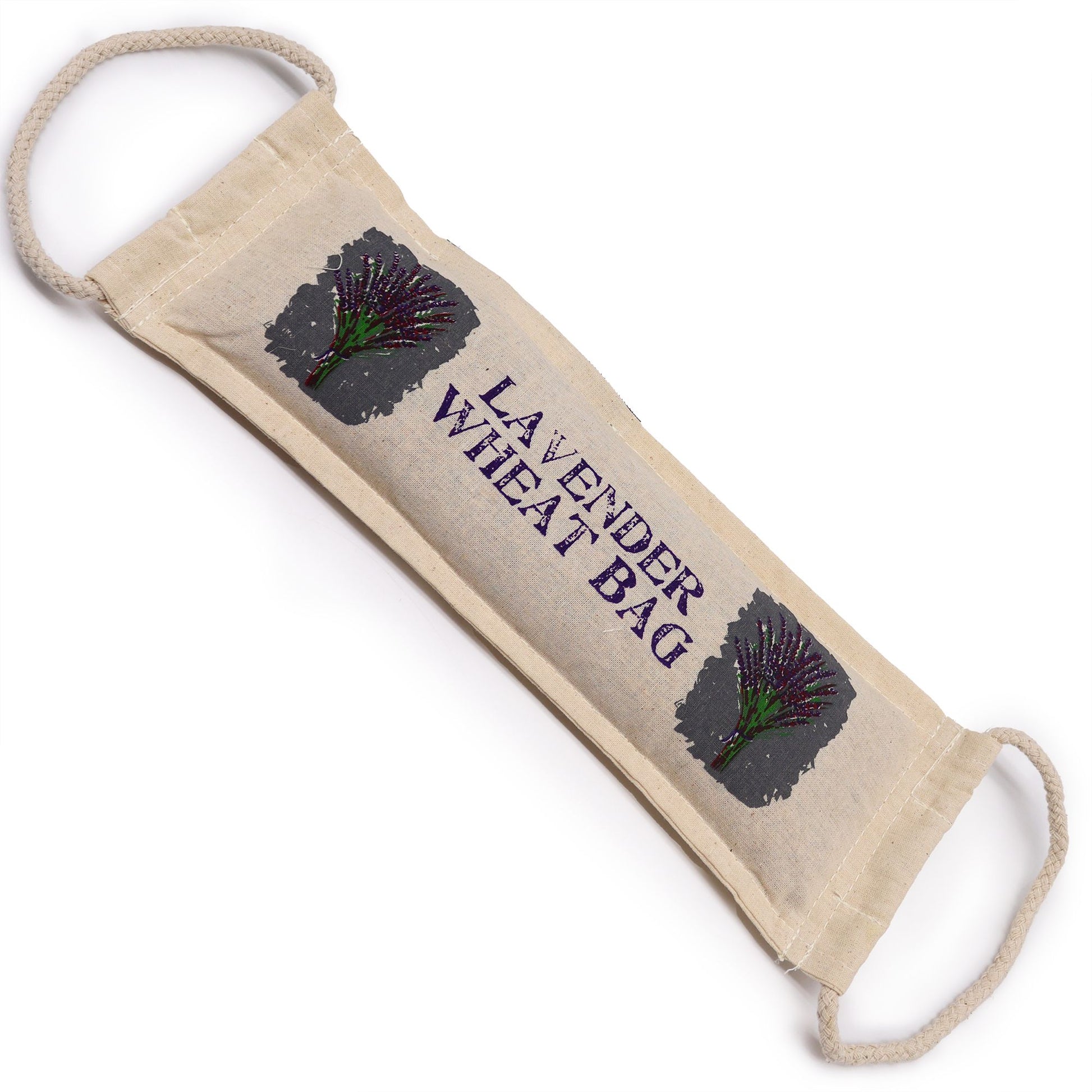Soft cream cotton wheat bag with a rustic rope handle and dried lavender scent.
