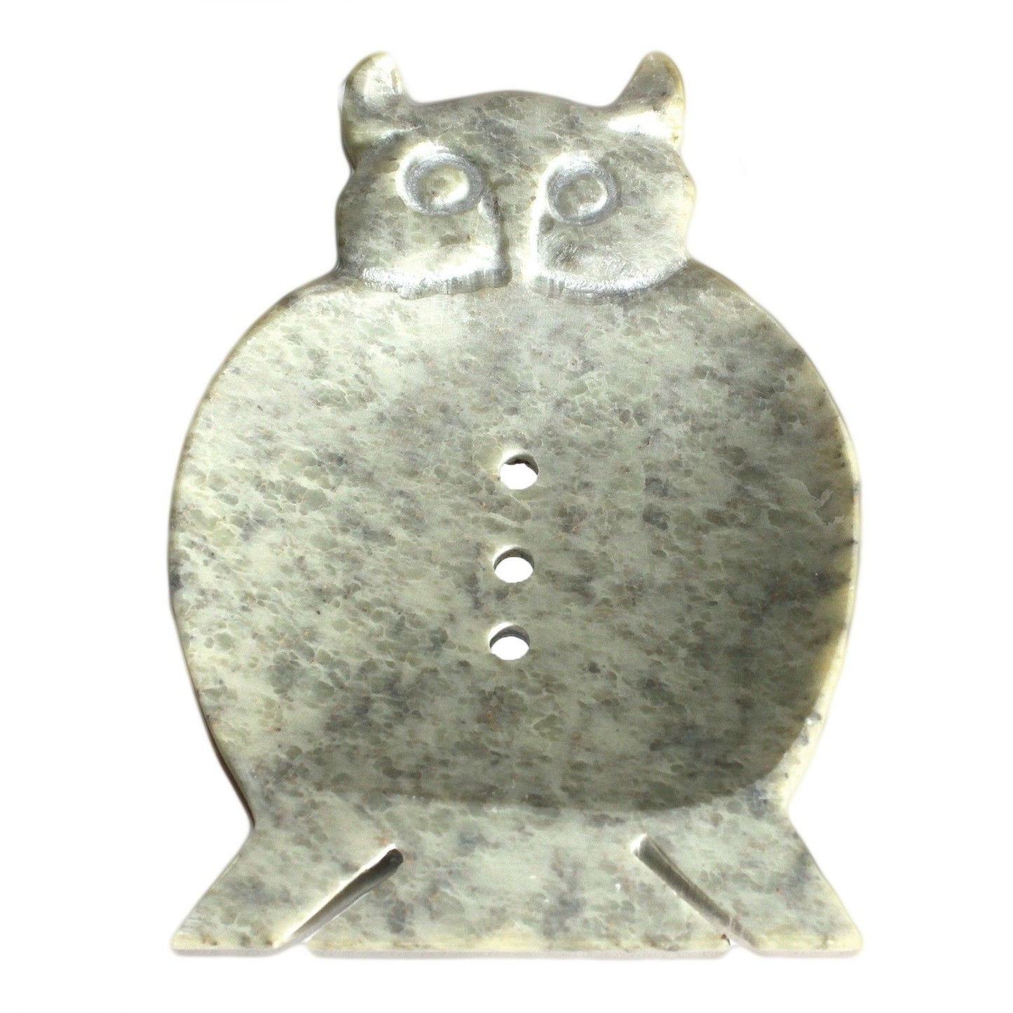 Hand-carved natural soapstone soap dish in the shape of an owl with three drainage holes.