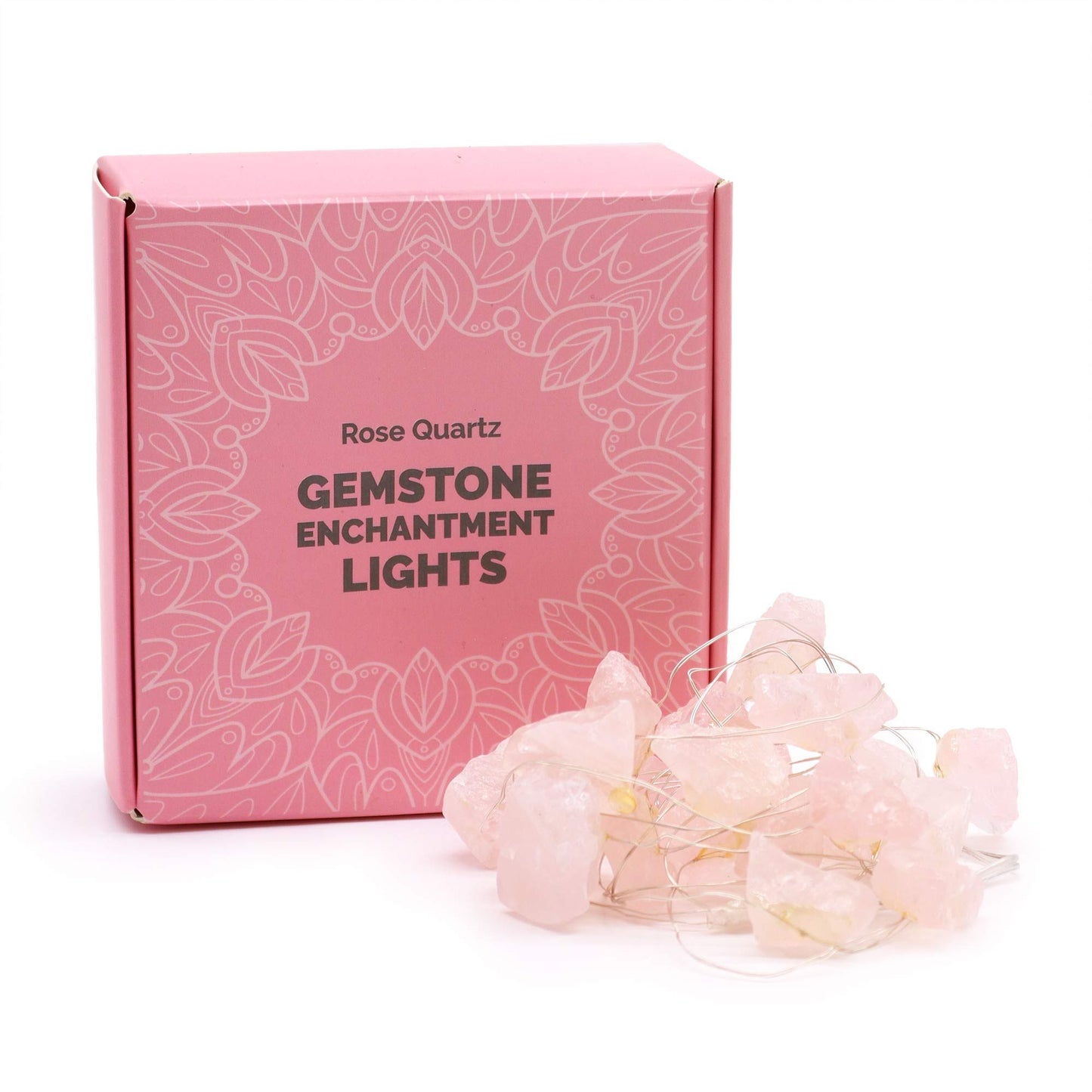 Delicate raw rose quartz crystals strung on a wire with warm glowing LED lights and a USB connector.