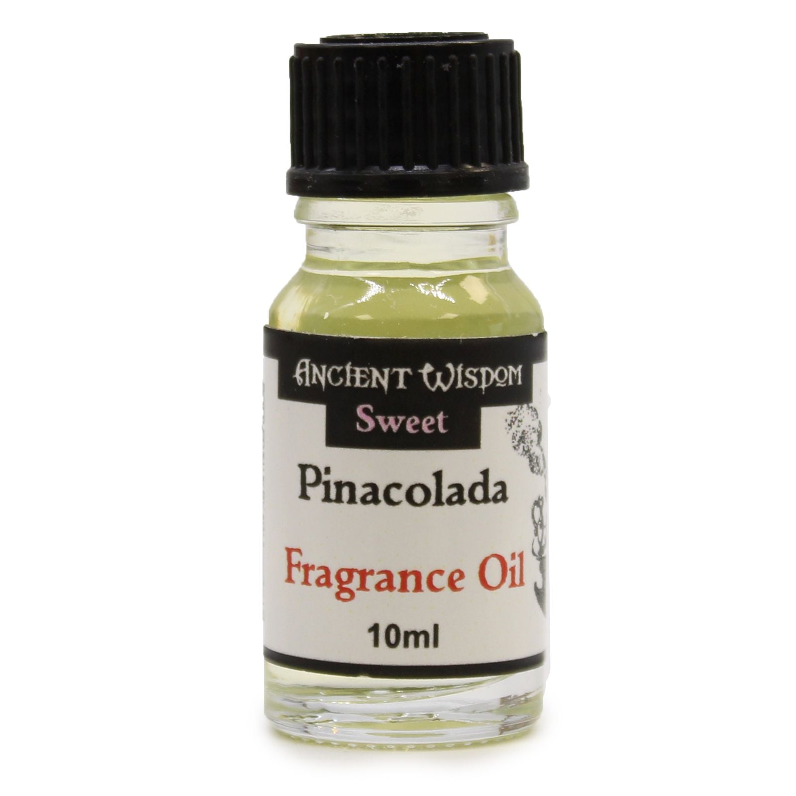A 10ml amber glass bottle of pinacolada fragrance oil with a simple white label and black dropper cap.