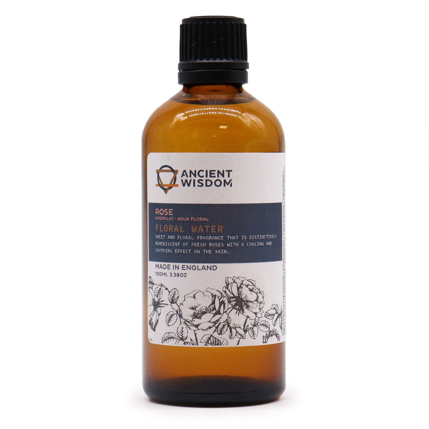 Clear bottle of rose hydrolat floral water showing a transparent liquid with a clean and minimalist label.