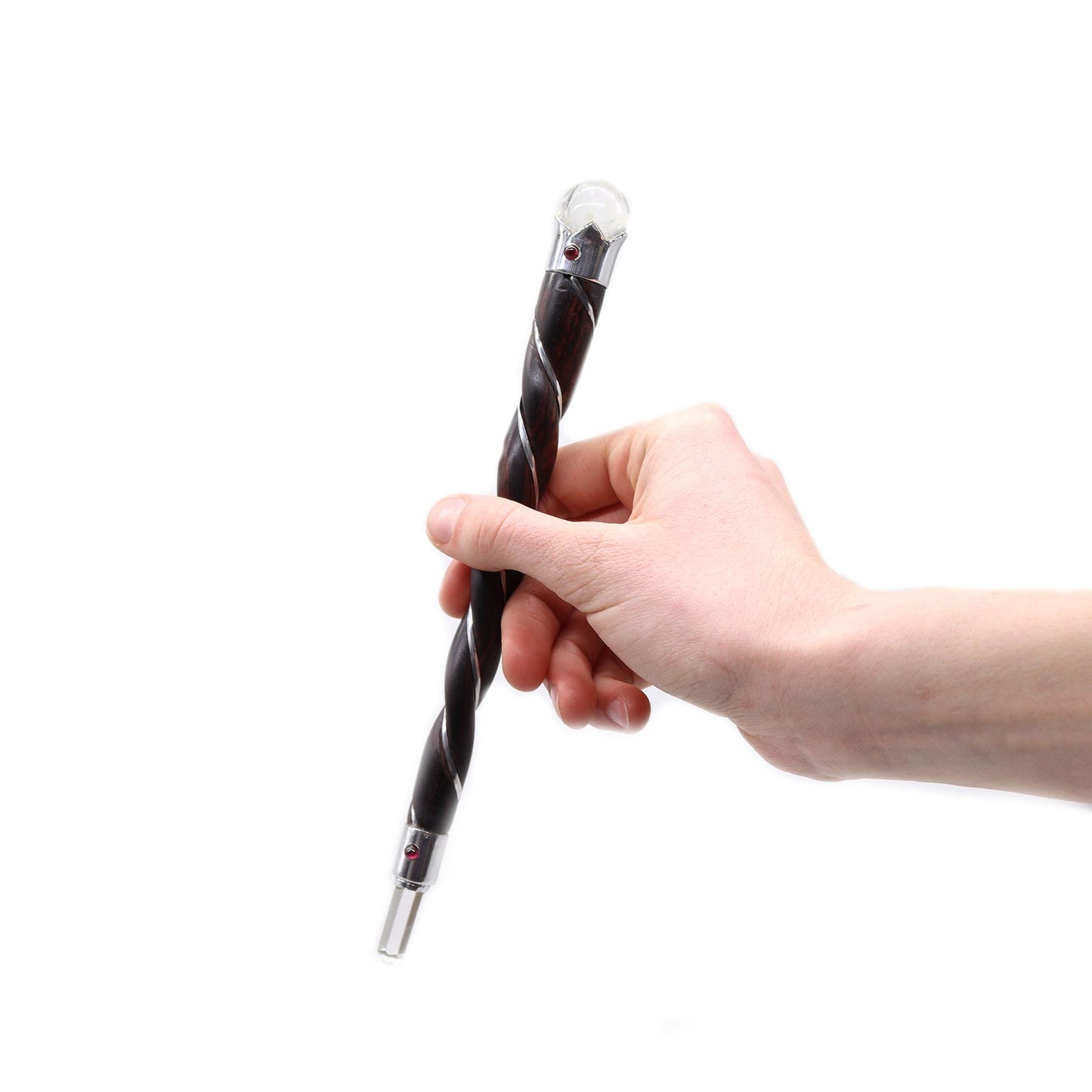 Hand-crafted twisted wooden wand featuring a clear rock quartz point tip and a quartz sphere top with metal detailing.