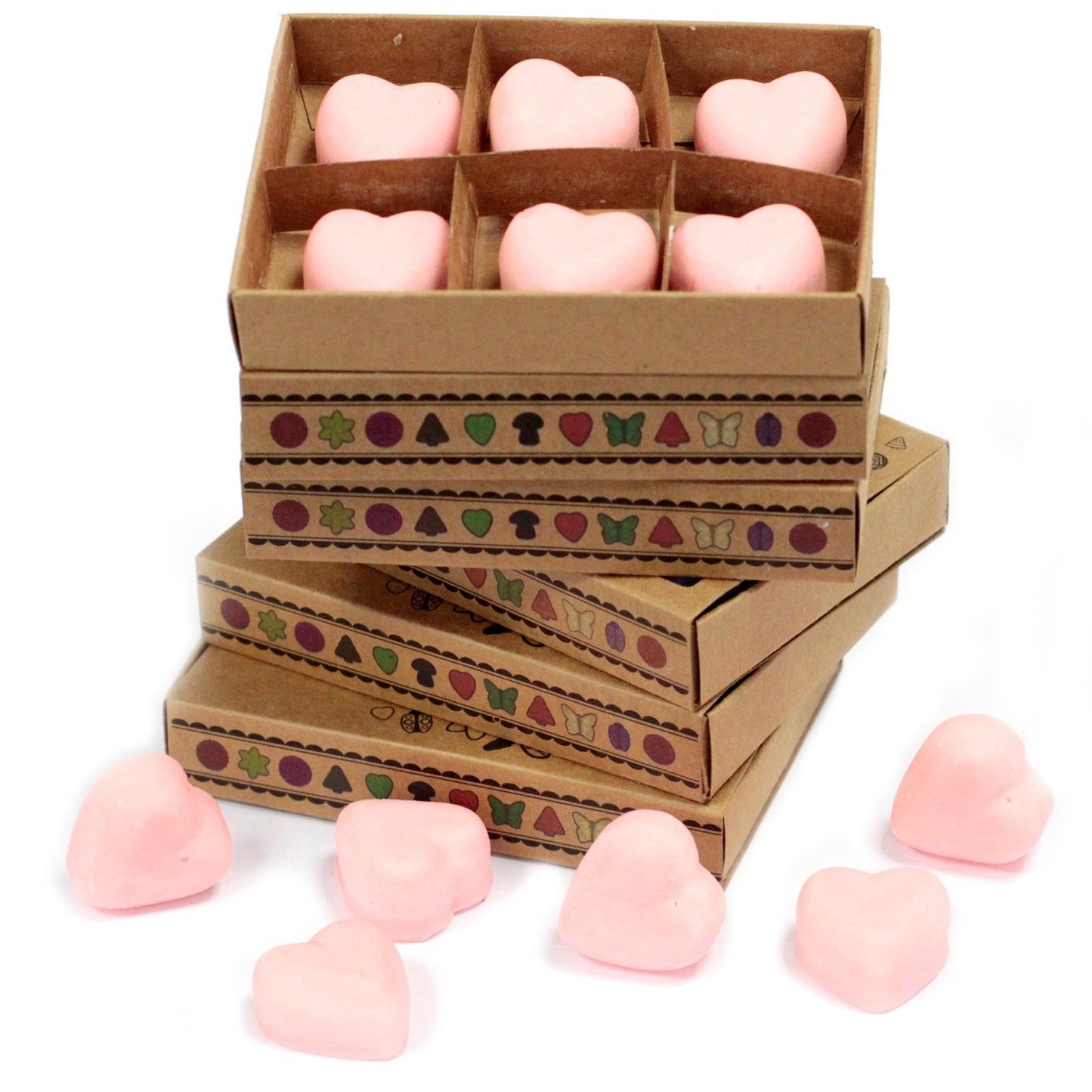 Six deep red soy wax melts arranged in a decorative matchbox-style container for home fragrance.