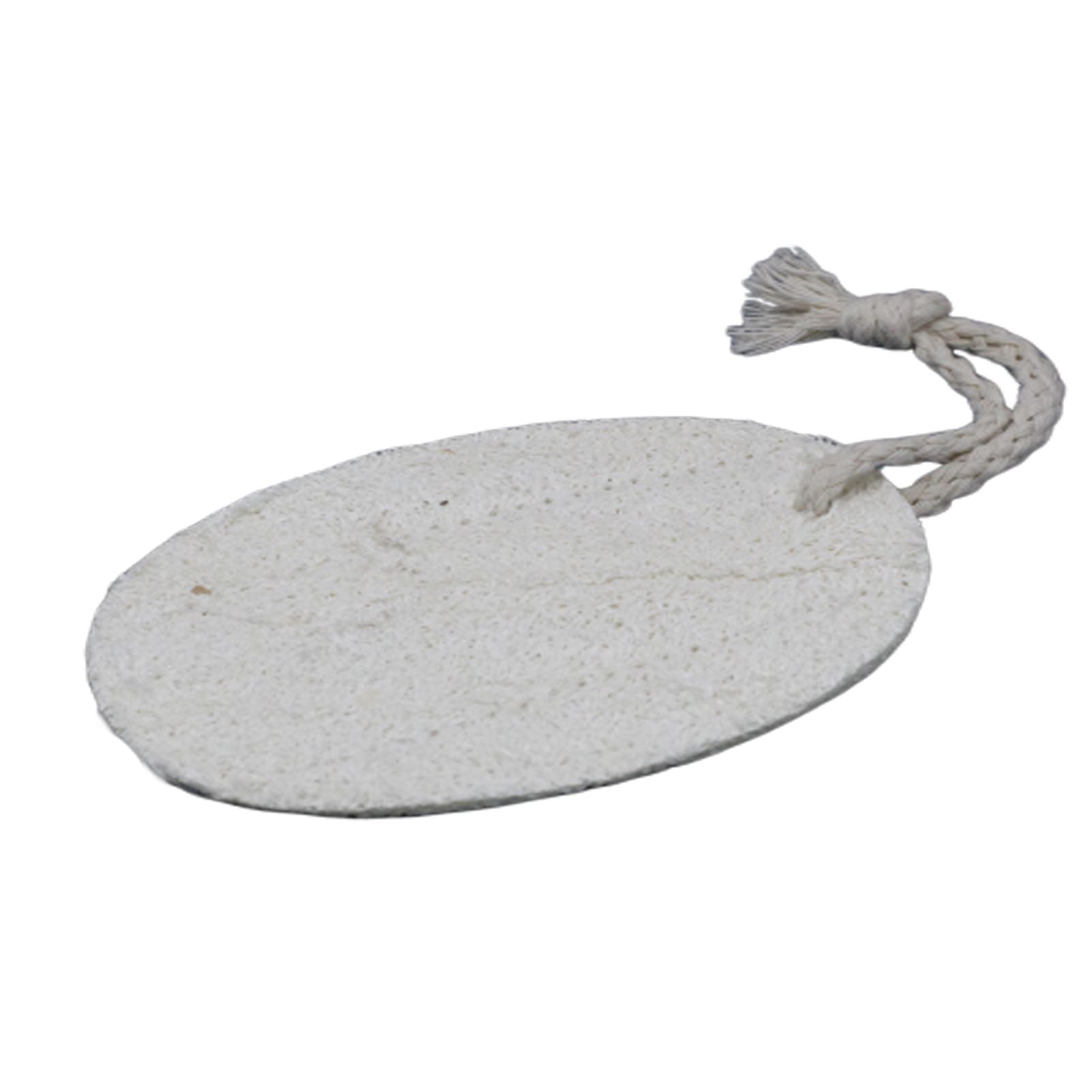 Natural oval-shaped loofah body scrubber with a fibrous texture and a small white hanging loop.