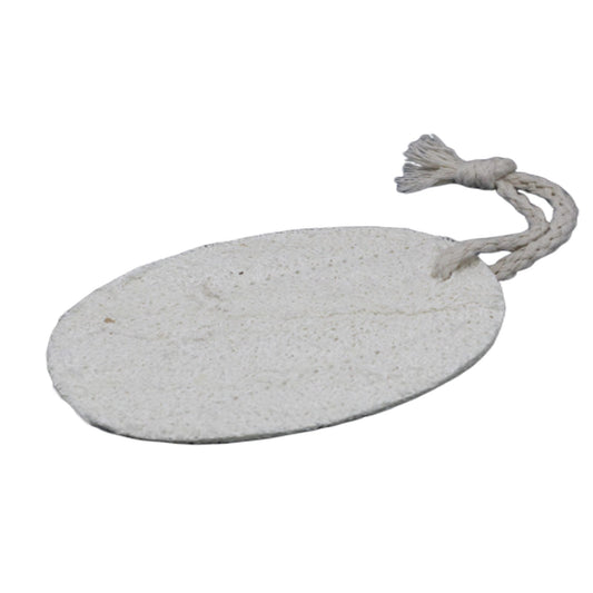 Natural oval-shaped loofah body scrubber with a fibrous texture and a small white hanging loop.