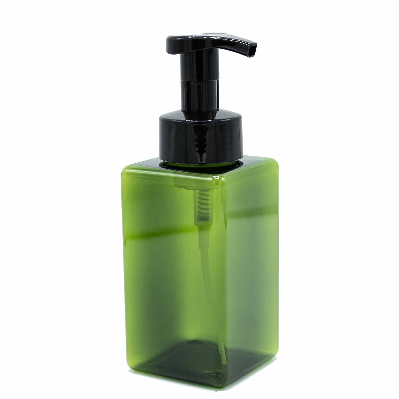 A streamlined green plastic 450ml foaming soap dispenser bottle with a white pump head on a plain background.
