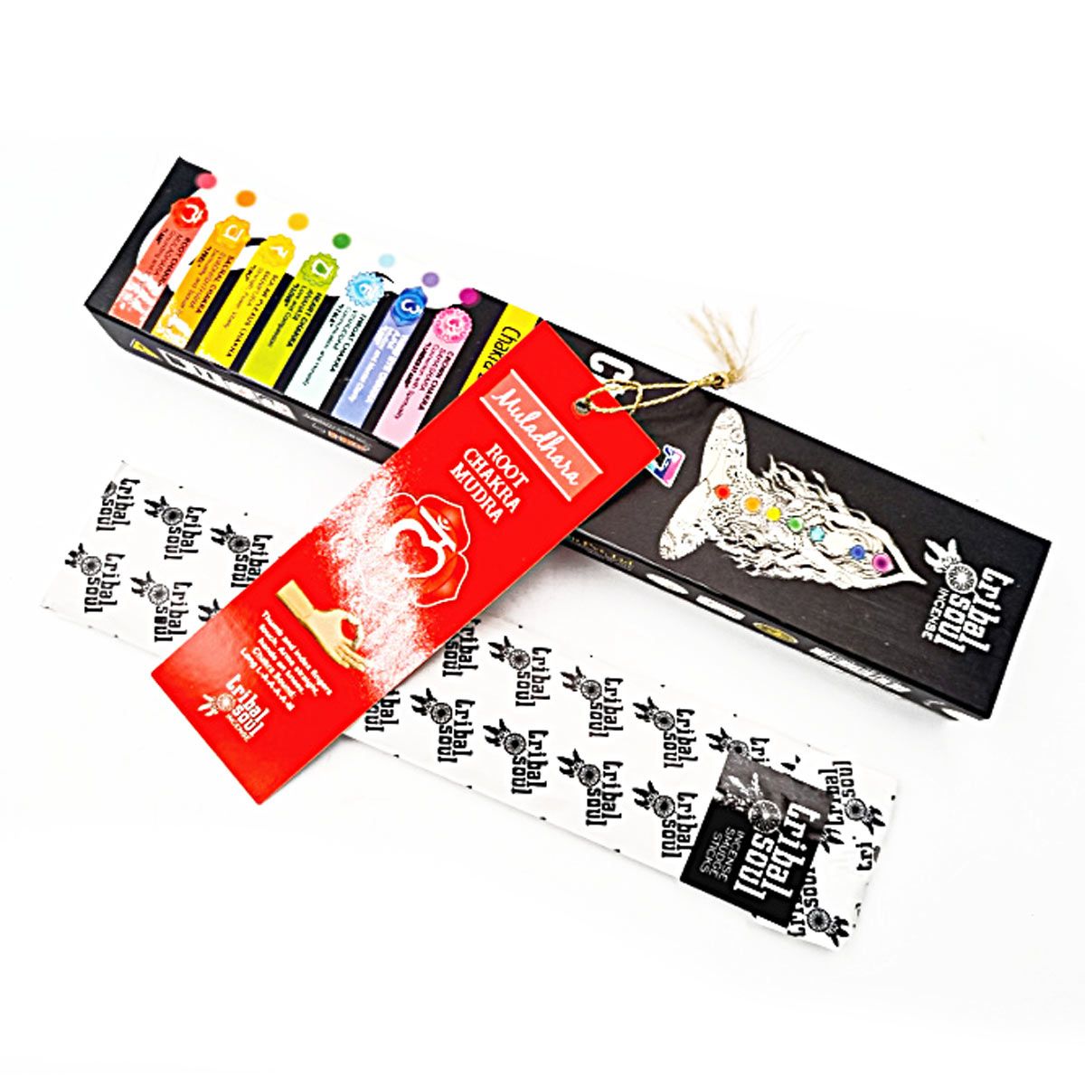 Handcrafted incense sticks in colourful packaging featuring a decorative 7 Chakras message card.