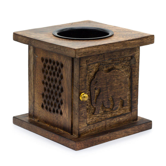 Hand-carved mango wood box oil burner featuring an intricate elephant motif and a small brass door knob.