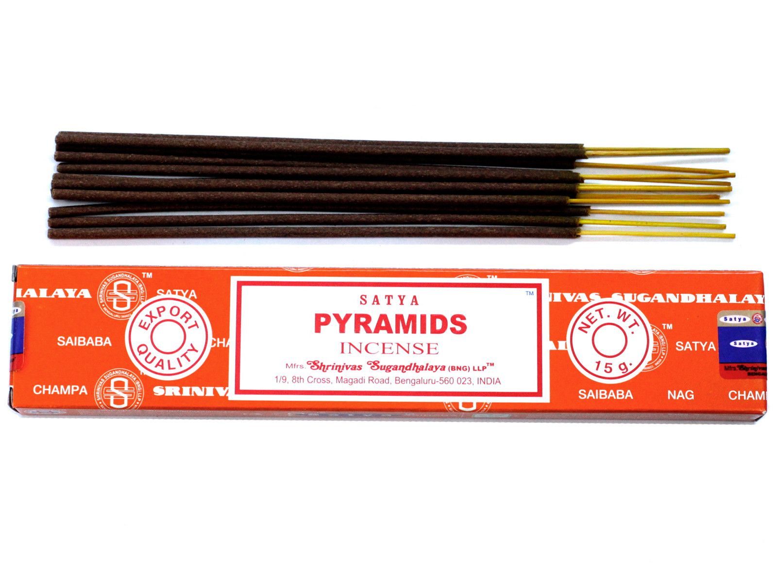 Hand-rolled incense sticks in a blue and white box with pyramid-themed branding and energising floral fragrance.