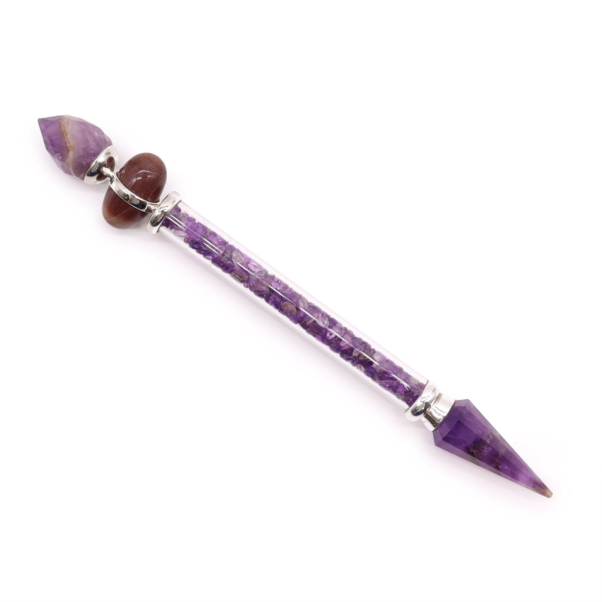 A smooth, rounded purple amethyst gemstone shiva lingam wand with unique natural crystal inclusions.